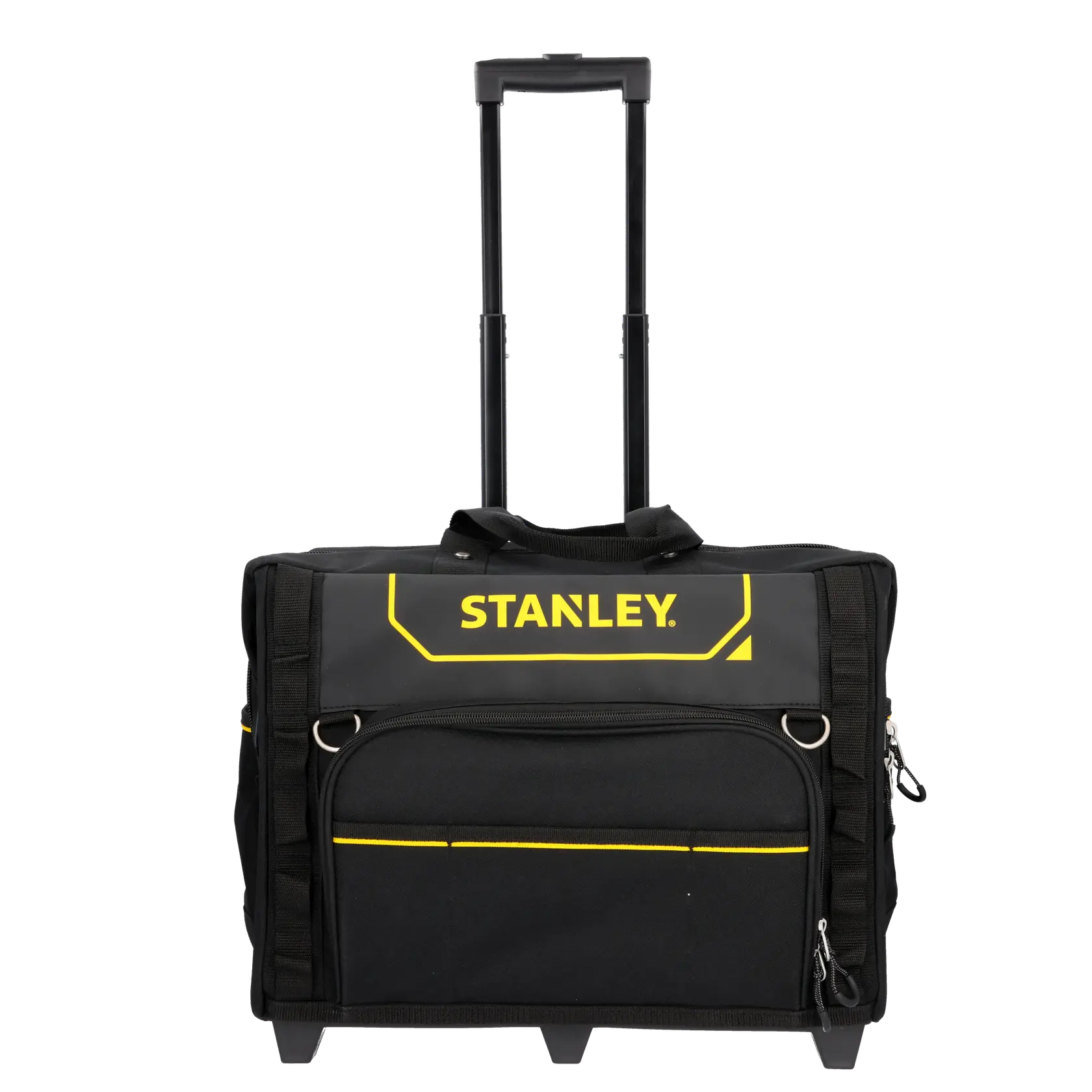 Stanley FMST1-80148 schwarze Rollwerkzeugtasche, Frontansicht, gelbes Logo, Taschen mit Reißverschluss, Teleskopgriff.