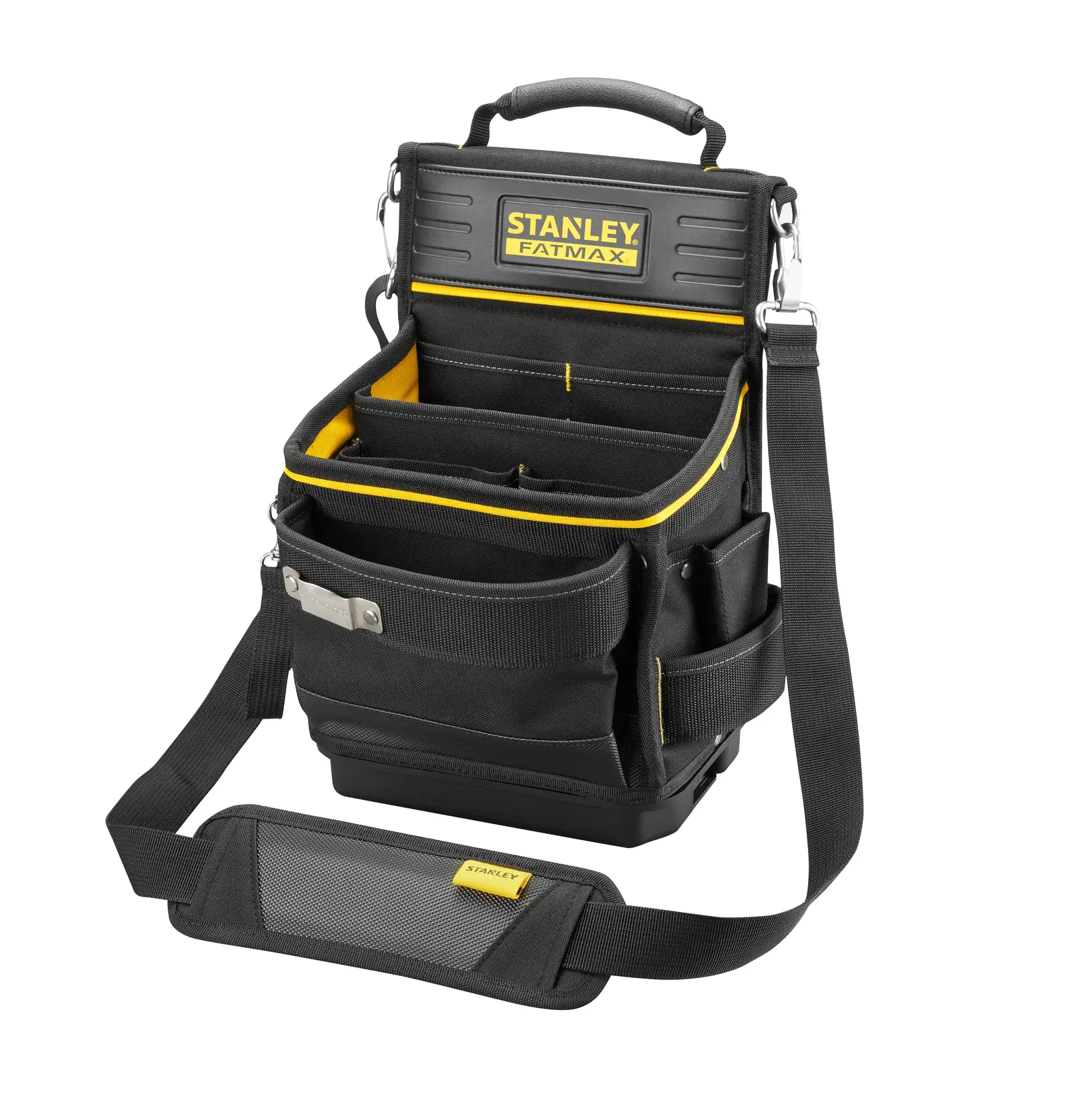 STANLEY FMST17624-1 Werkzeugtasche mit Schultergurt, schwarz, viele Fächer, weißer Hintergrund.