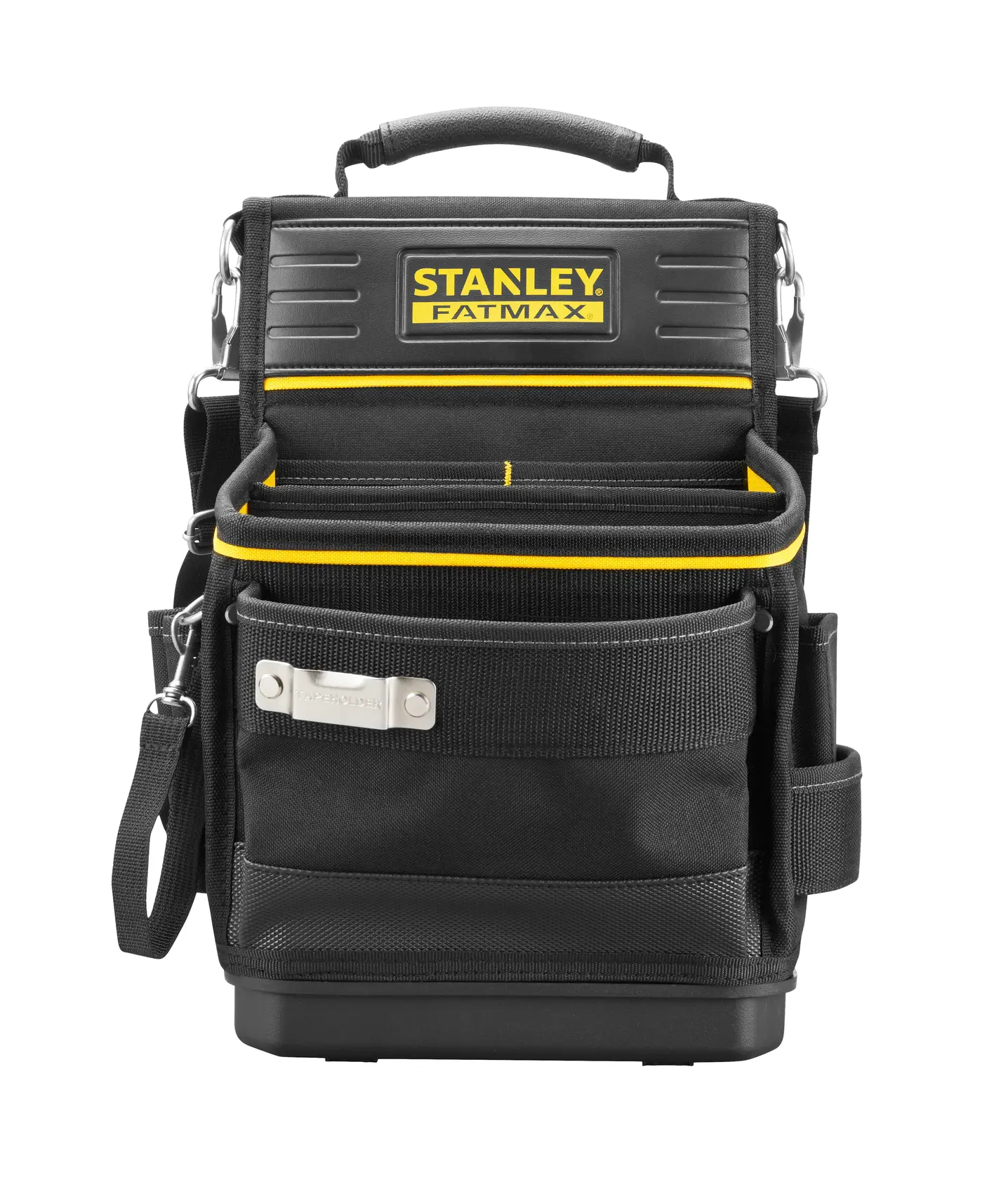 STANLEY FMST17624-1 schwarze Werkzeugtasche mit vielen Fächern und Griff, Frontansicht, Fotografieprodukt.