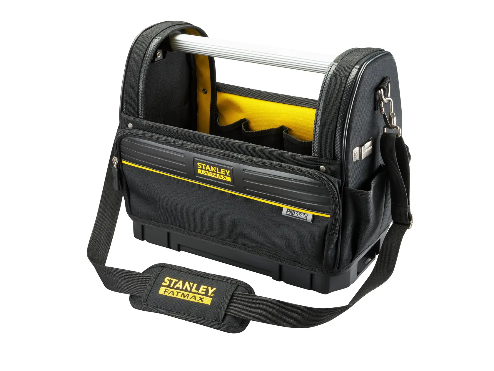 STANLEY FMST17626-1 Werkzeugtasche mit offenem Deckel, Schwarz-Gelb, Schulterriemen, Frontansicht.