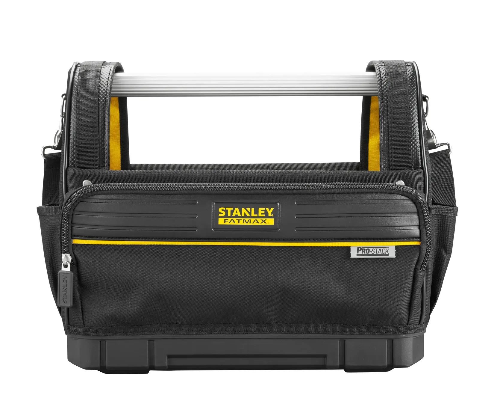 STANLEY FMST17626-1 schwarze und gelbe Werkzeugtasche, Frontansicht mit Aluminiumgriff, vor weißem Hintergrund.