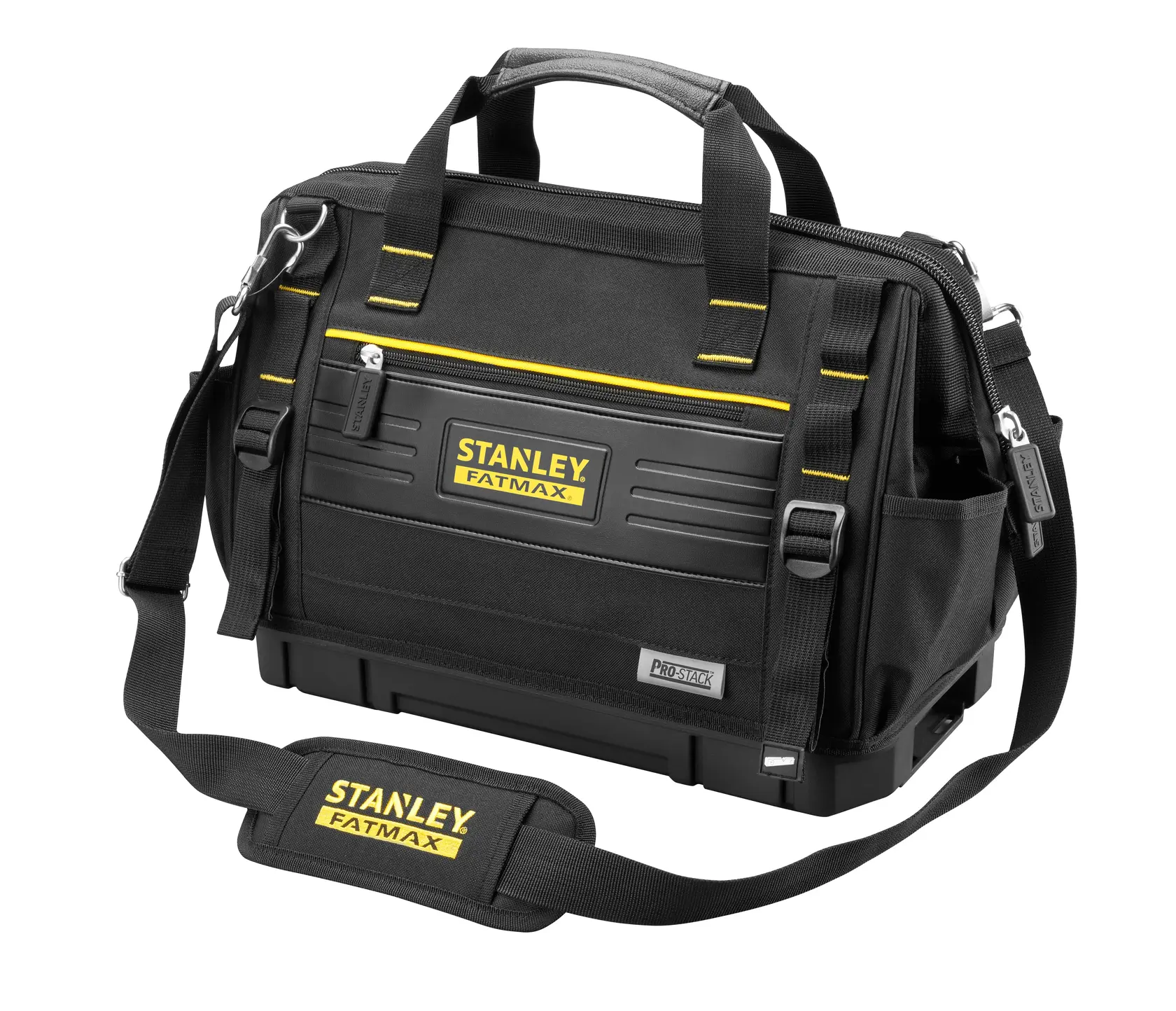 STANLEY FMST17627-1 Werkzeugtasche mit Schultergurt, schwarz mit gelben Details, Frontansicht, weißer Hintergrund.