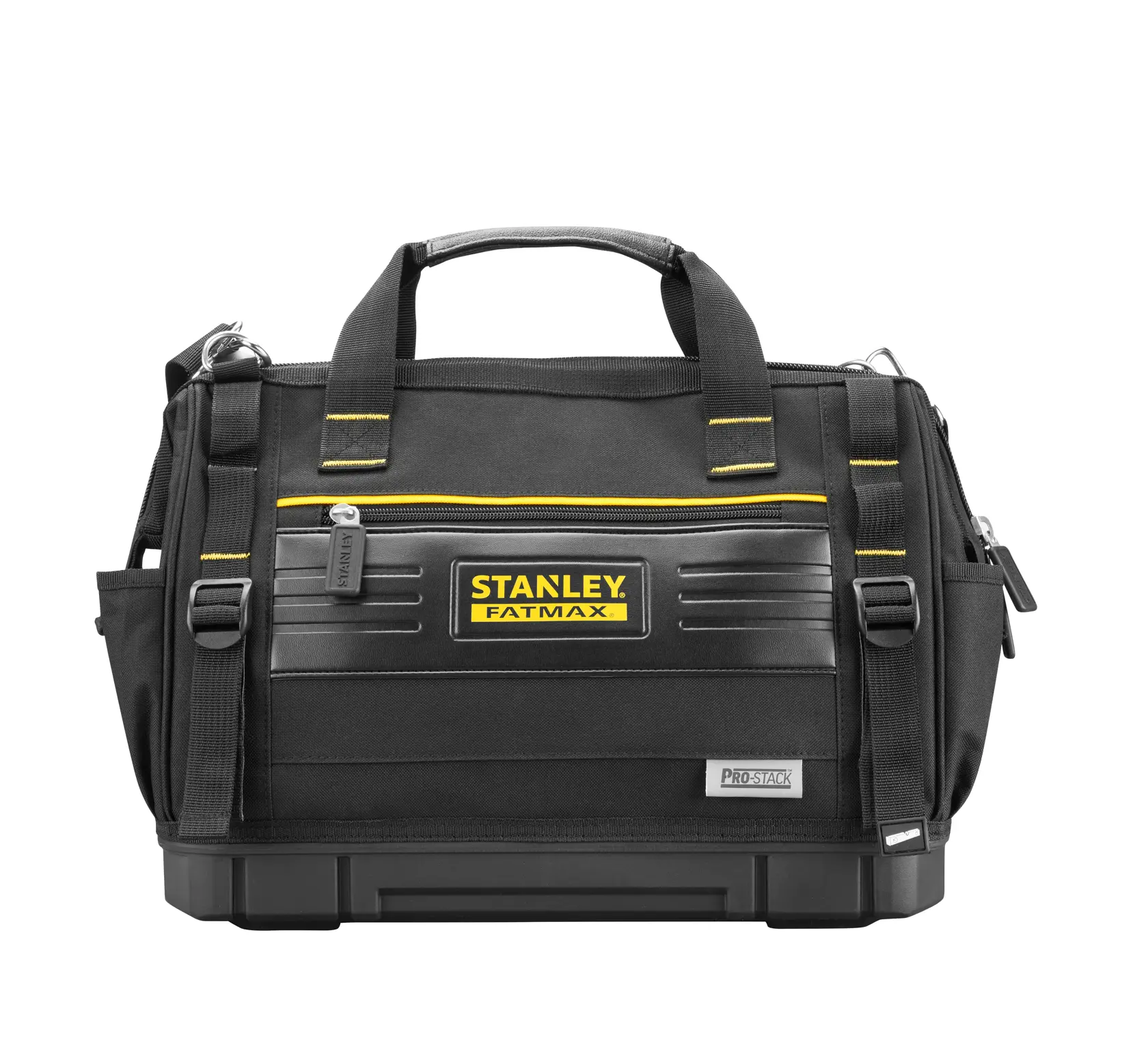 STANLEY FMST17627-1 schwarze Werkzeugtasche mit gelben Akzenten, Frontansicht, stabile Griffe und Schultergurt.
