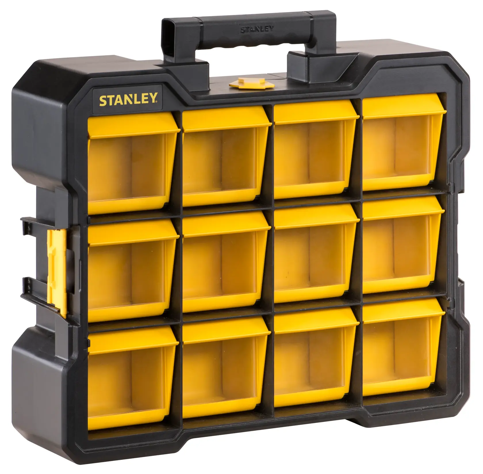 STANLEY FMST81077-1 Organizer mit zwölf gelben herausnehmbaren Fächern, schwarzes Gehäuse, Vorderansicht.