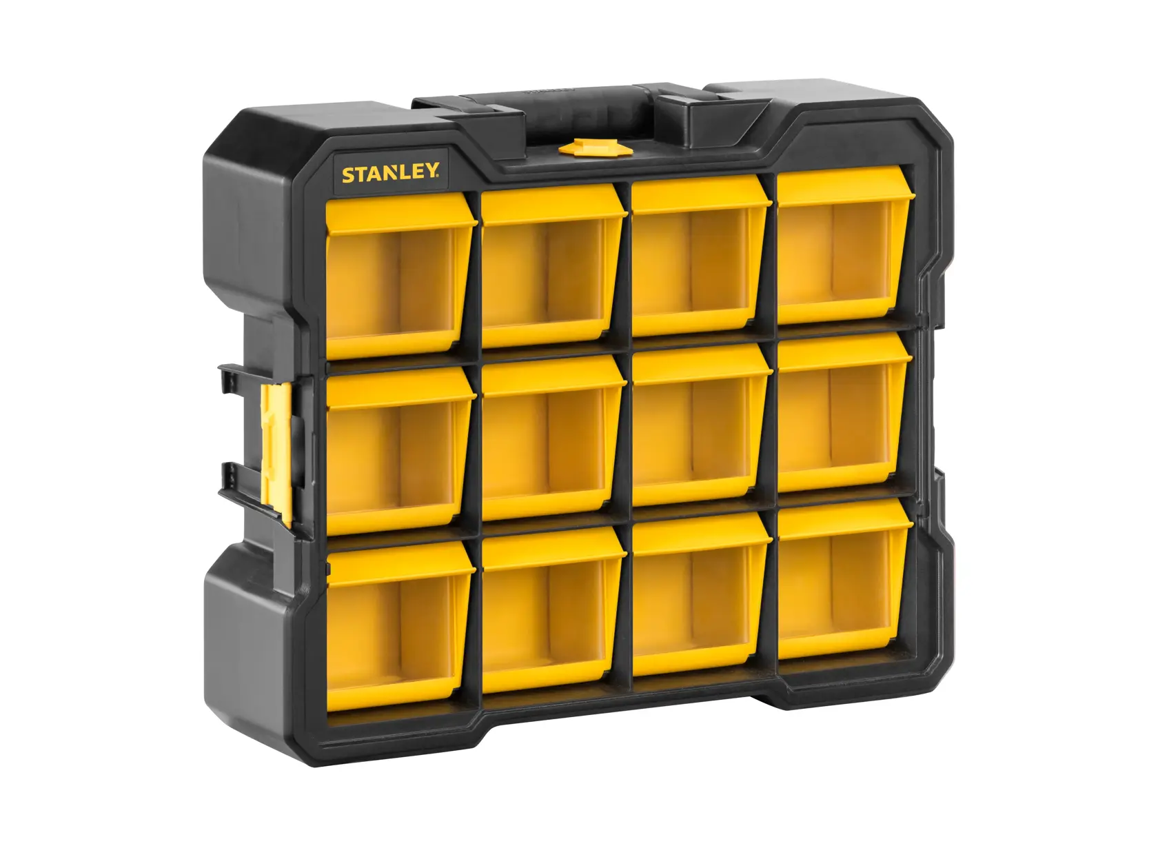 STANLEY Organizer mit 12 gelben Fächern für Kleinteile, schwarzes Gehäuse, Tragegriff oben.