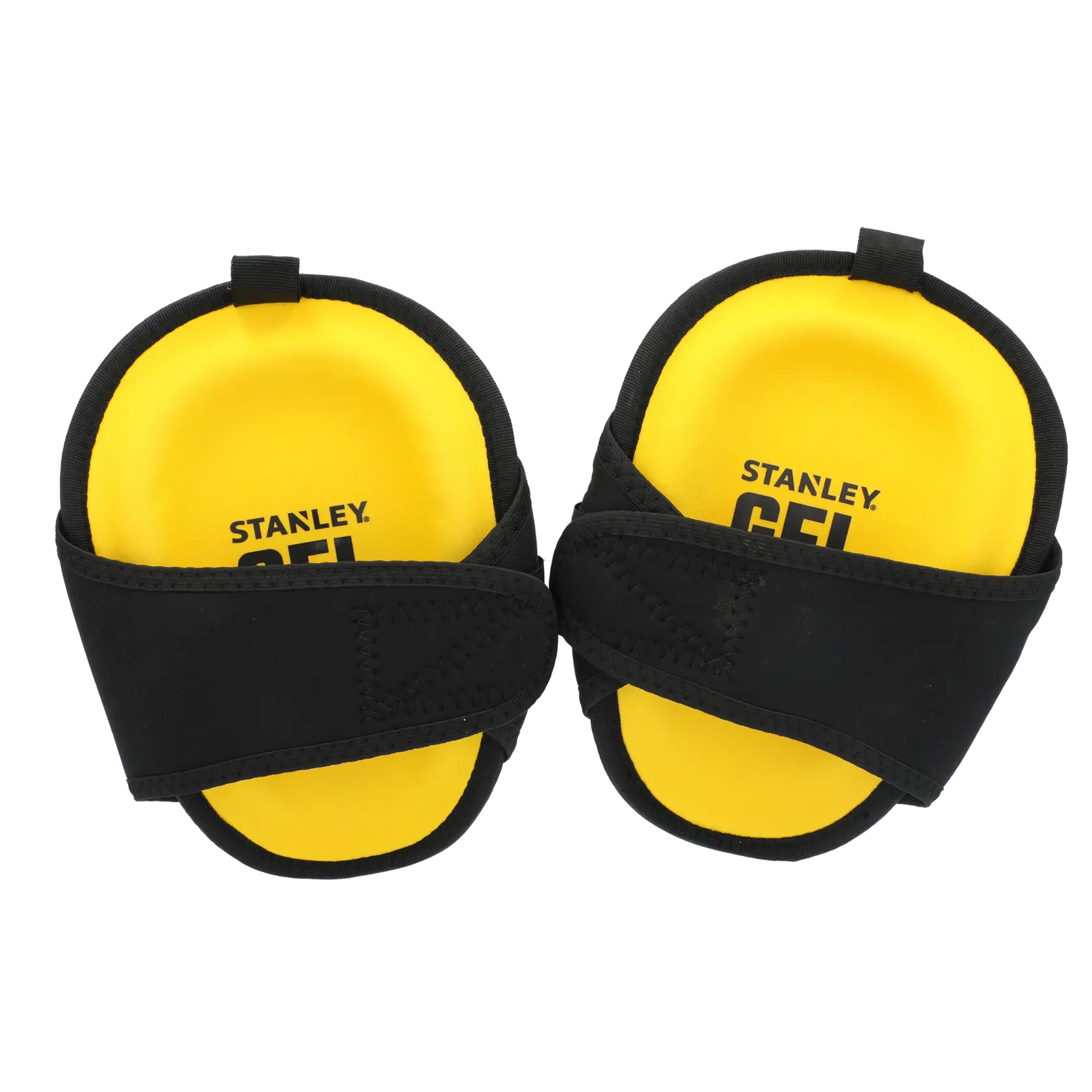 Stanley FMST82959-1 Gel-Knieschoner gelb und schwarz, Draufsicht vor weißem Hintergrund.
