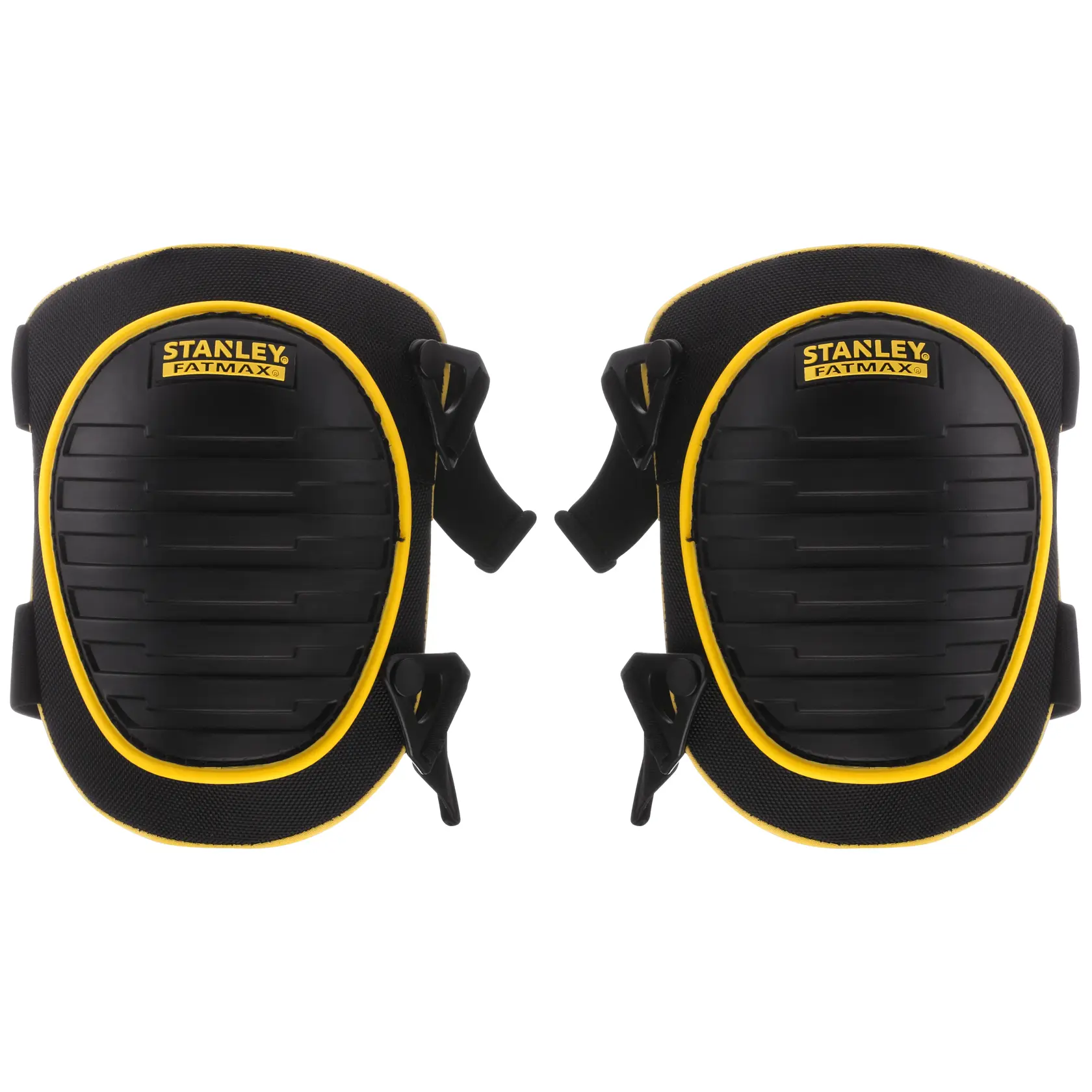 STANLEY FMST82961-1 schwarze und gelbe Knieschoner, Produktfoto auf weißem Hintergrund, Schutzkleidung.