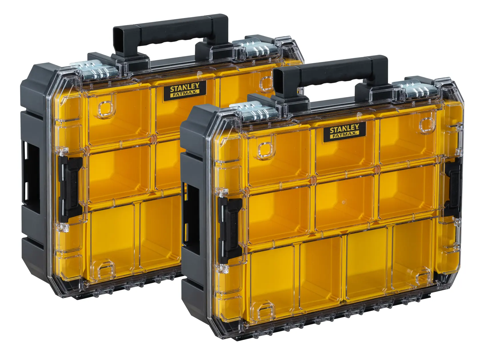STANLEY FMST82967-9 Fotografie von zwei gelb-schwarzen FatMax Organizer-Koffern, schräge Ansicht auf weißem Hintergrund.