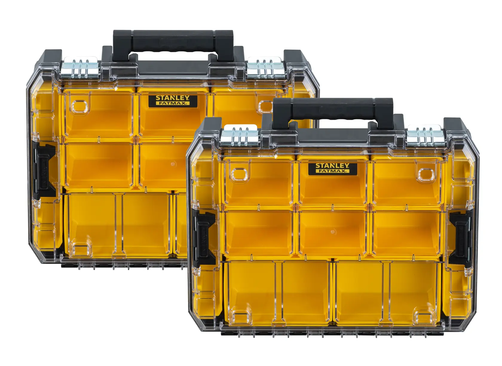 STANLEY FMST82967-9 Organizer-Set mit gelben Fächern, schwarzen Griffen, Vorderansicht, weißer Hintergrund.