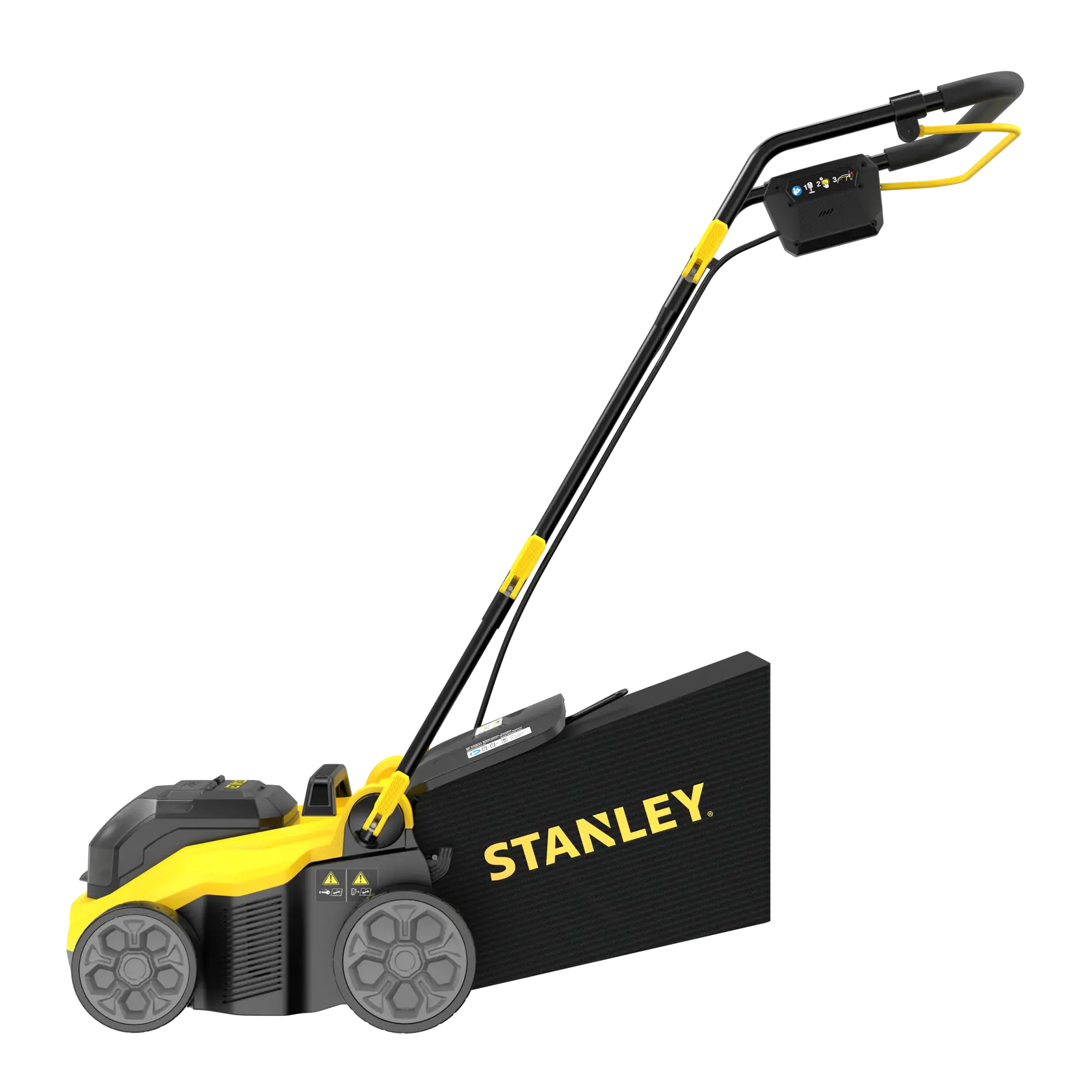 Foto des STANLEY SCOEP3801N Rasenmähers, Seitenansicht, schwarz-gelbes Design, große Räder, Grasfangkorb.