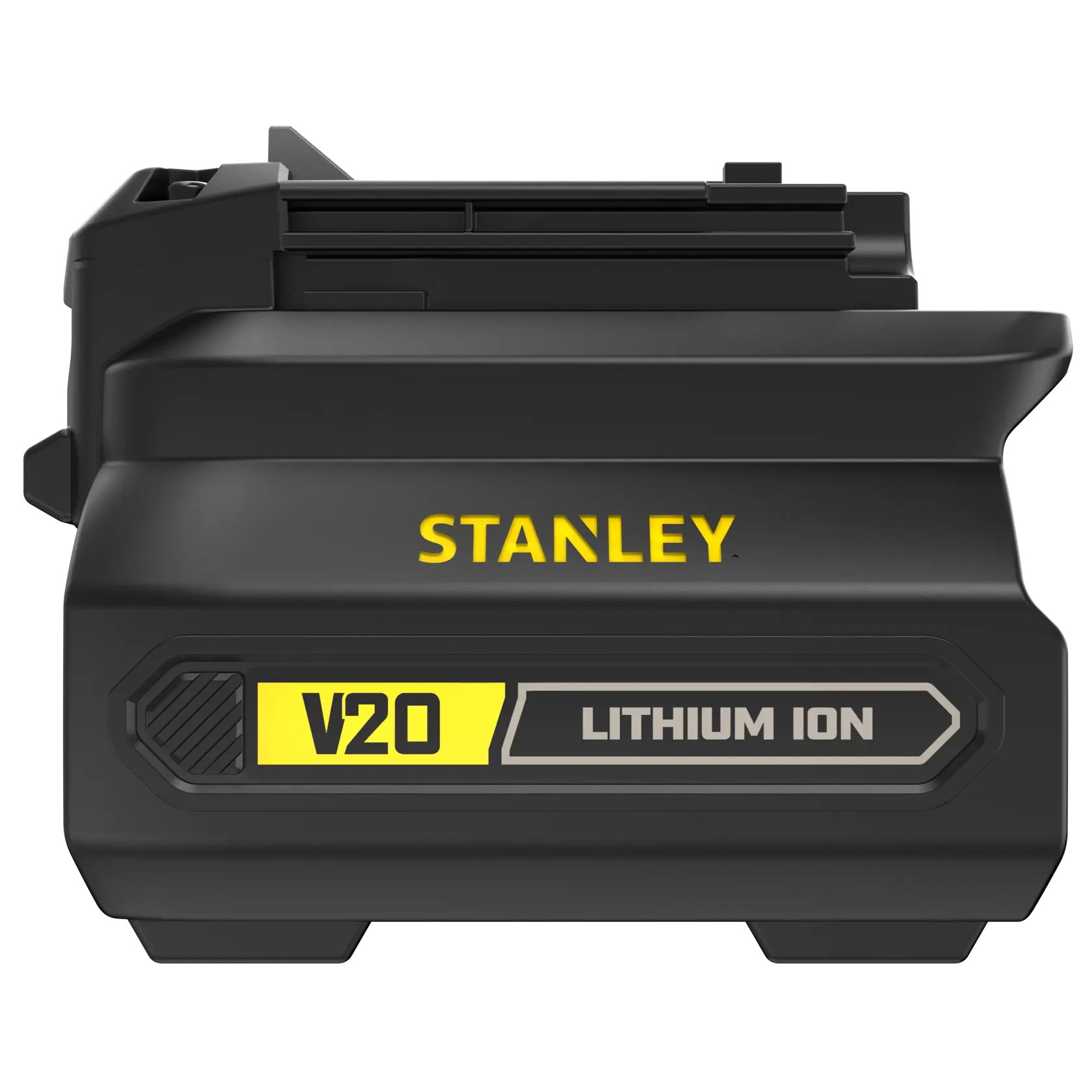 STANLEY SFMCB100 V20 Lithium-Ionen-Akku, schwarz und gelb, Dreiviertelansicht auf weißem Hintergrund.