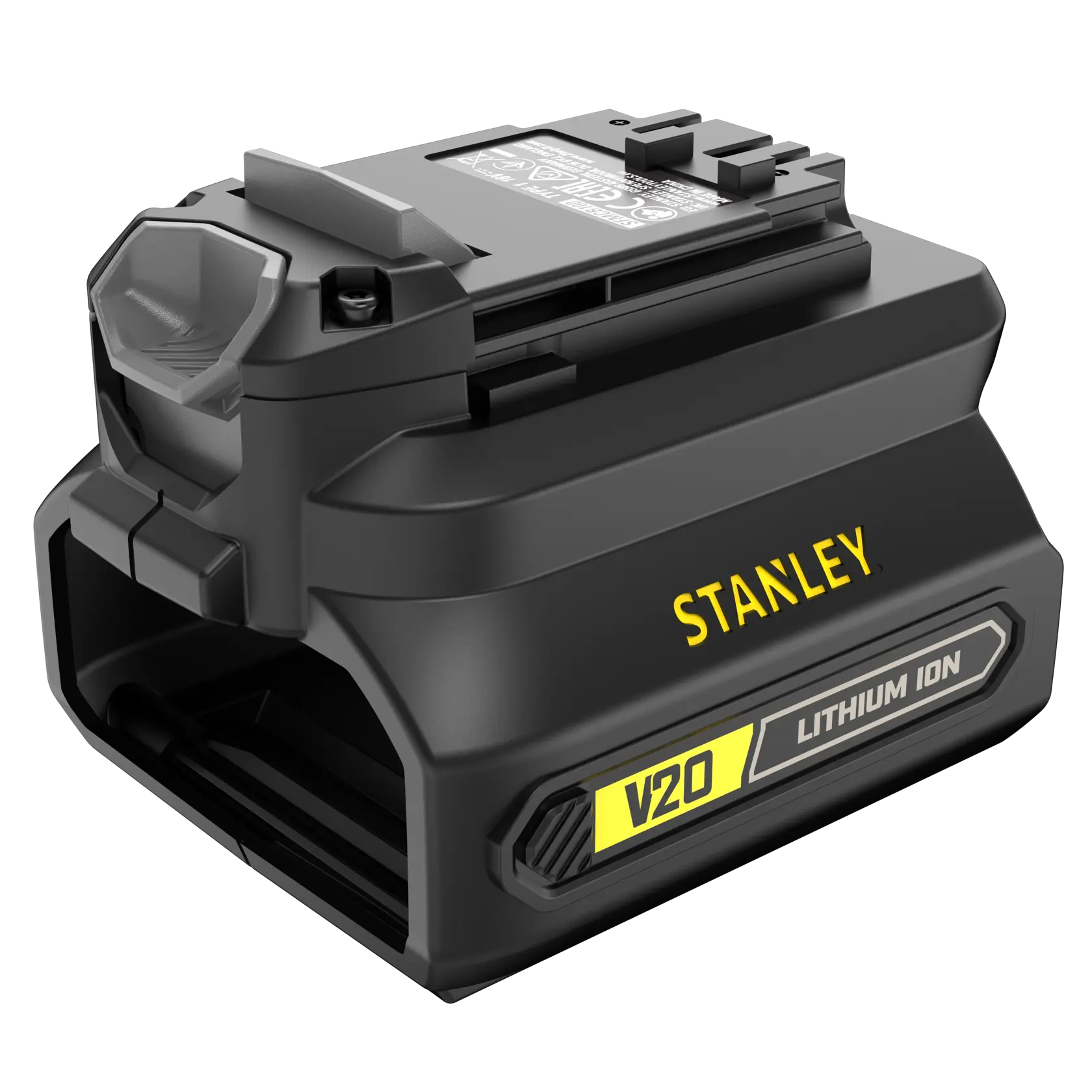 STANLEY SFMCB100 V20 Lithium-Ionen-Akku Frontansicht, schwarzes Gehäuse mit gelber Markierung.