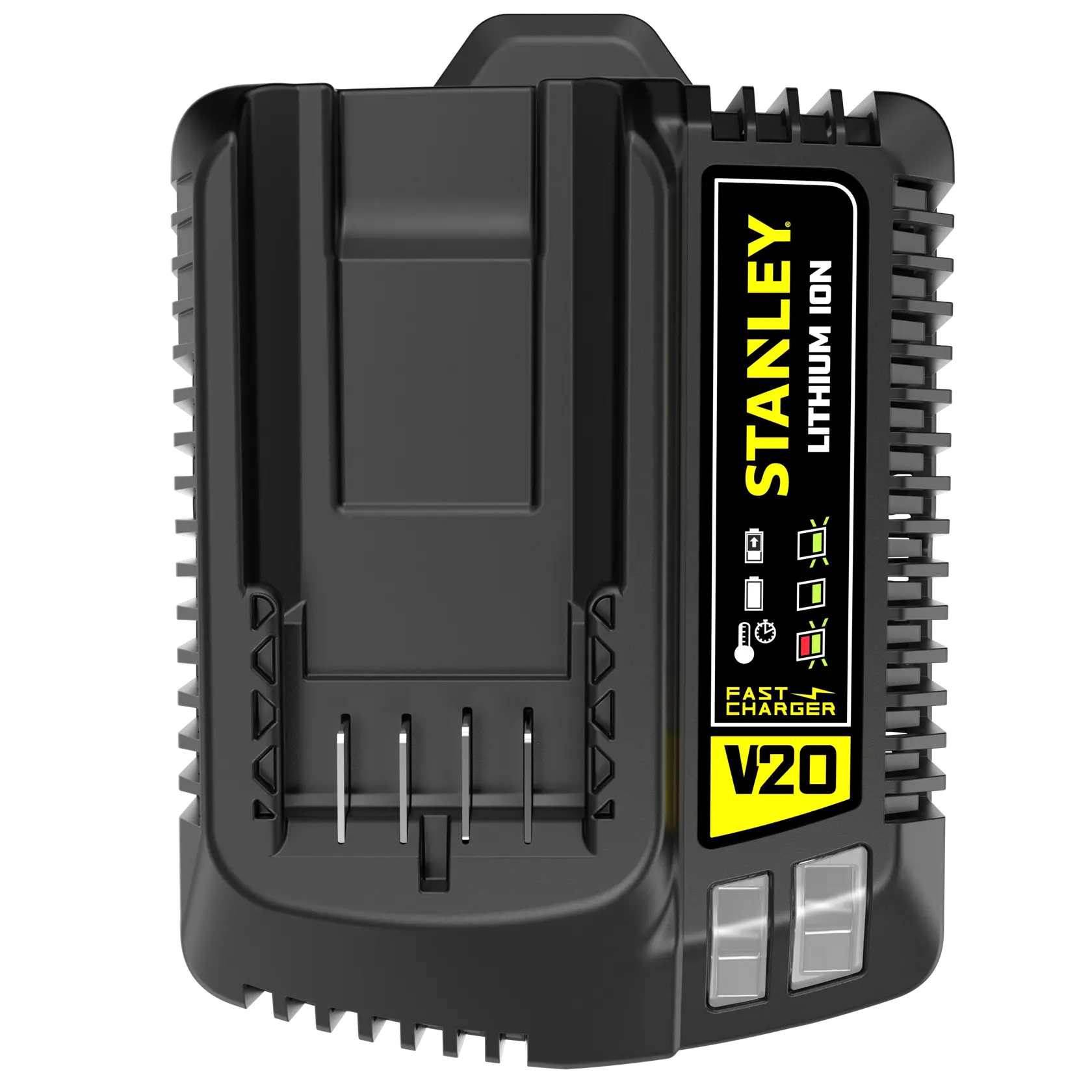Stanley SFMCB14 Akku-Ladegerät, schwarz, Vorderansicht, V20 Lithium-Ion, Fatmax Logo.