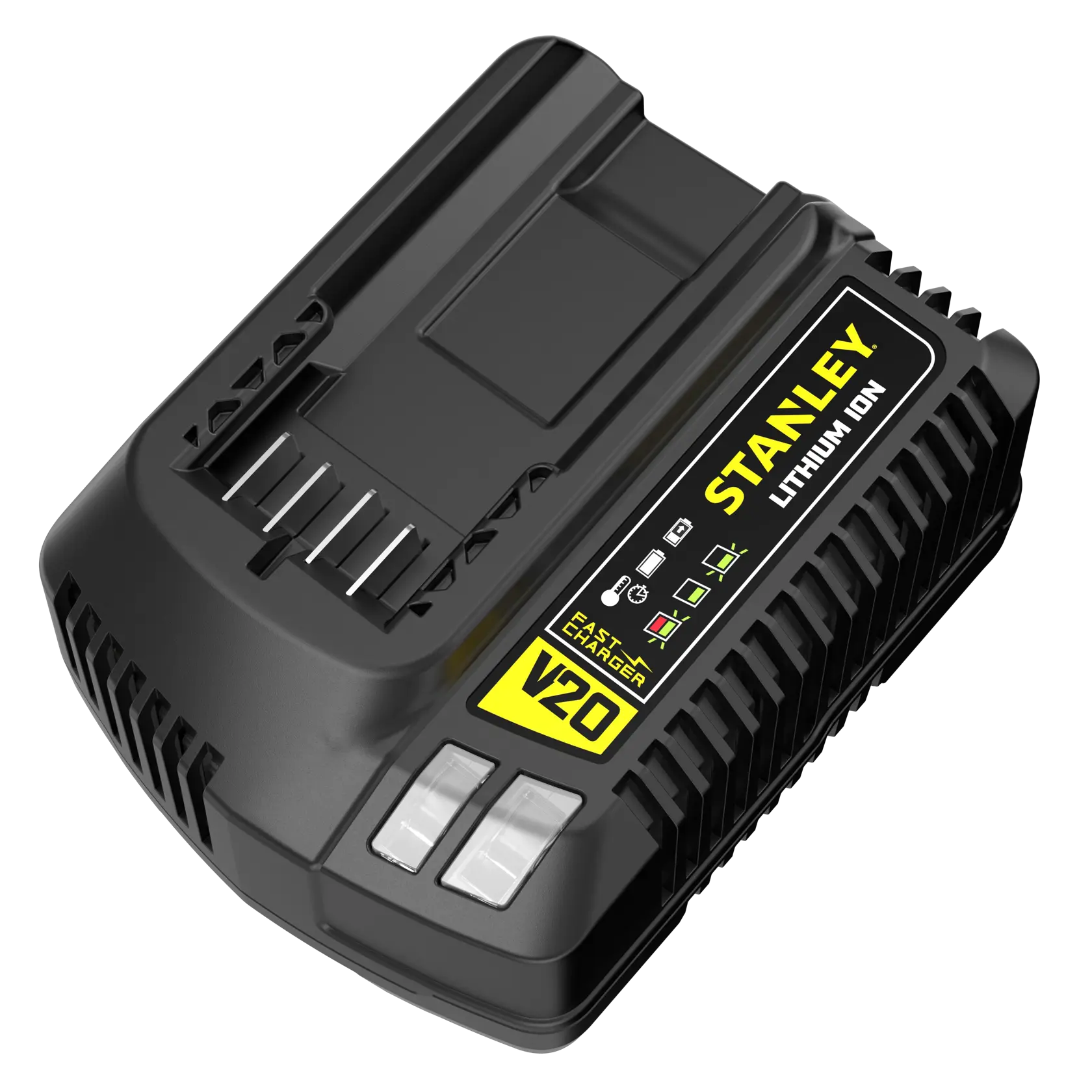 STANLEY SFMCB14 Akku-Ladegerät, schwarz, Produktansicht aus Winkel auf weißem Hintergrund.