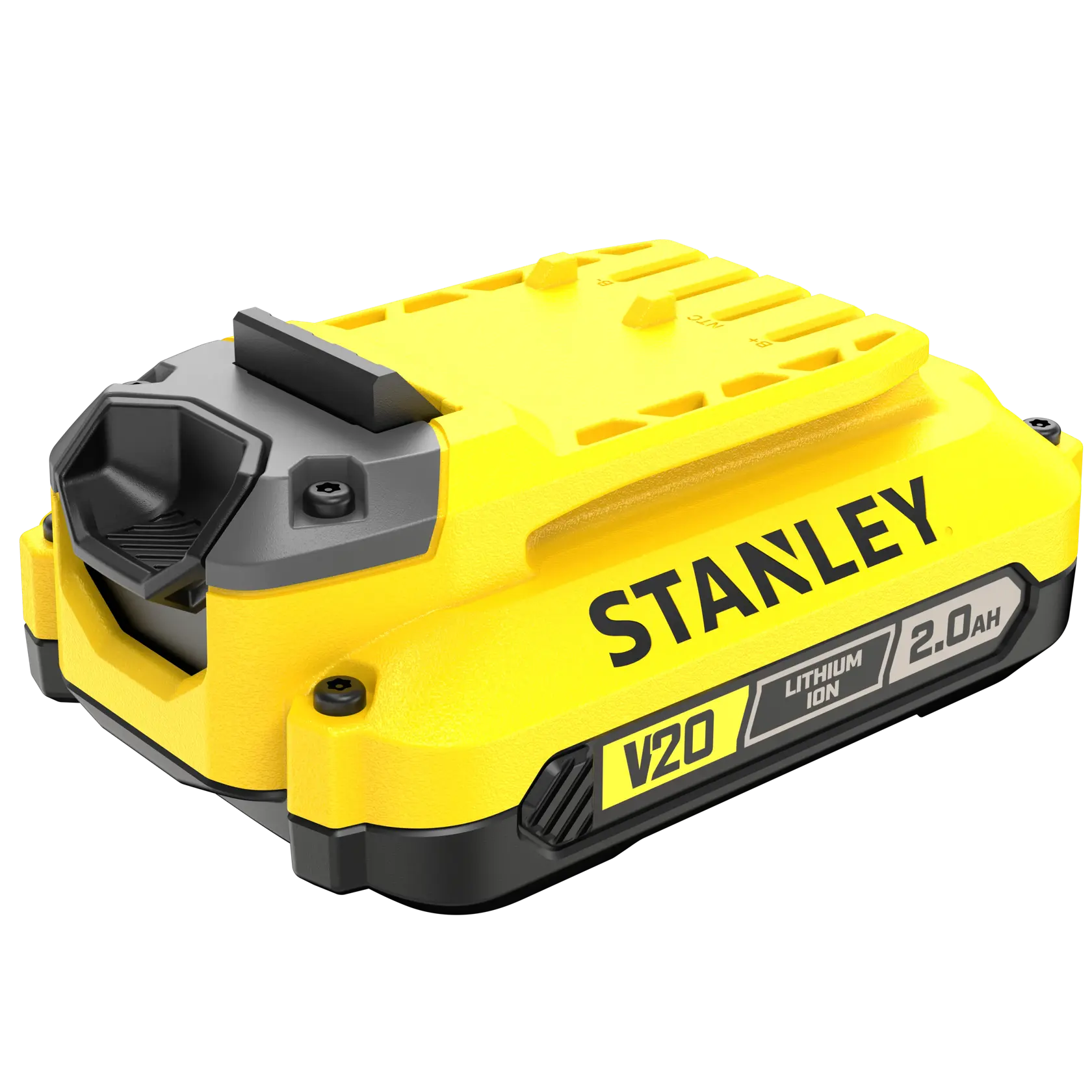 STANLEY SFMCB202 V20 Lithium-Ionen-Akku, gelb und schwarz, seitliche Ansicht mit Winkel.
