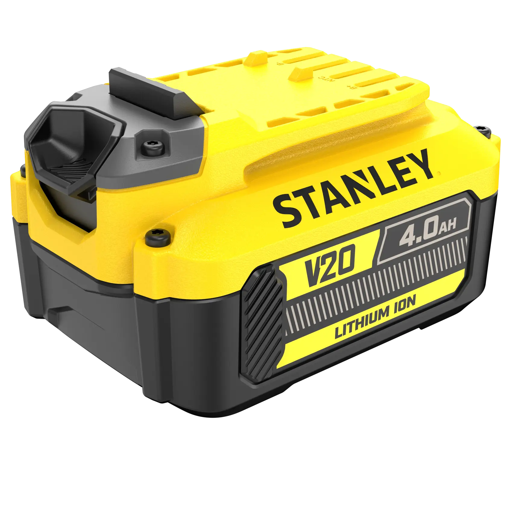 STANLEY SFMCB204 V20 4,0Ah Lithium-Ionen-Akku, gelb und schwarz, Vorderansicht auf weißem Hintergrund.