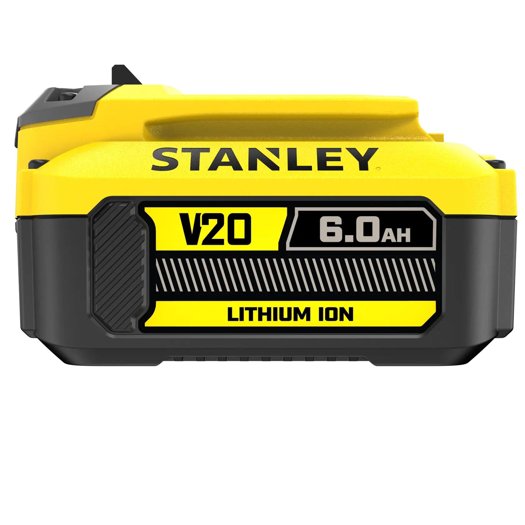 Foto des STANLEY FATMAX SFMCB206 V20 6.0Ah Lithium-Ionen-Akkus, Vorderansicht, gelbes und schwarzes Gehäuse.