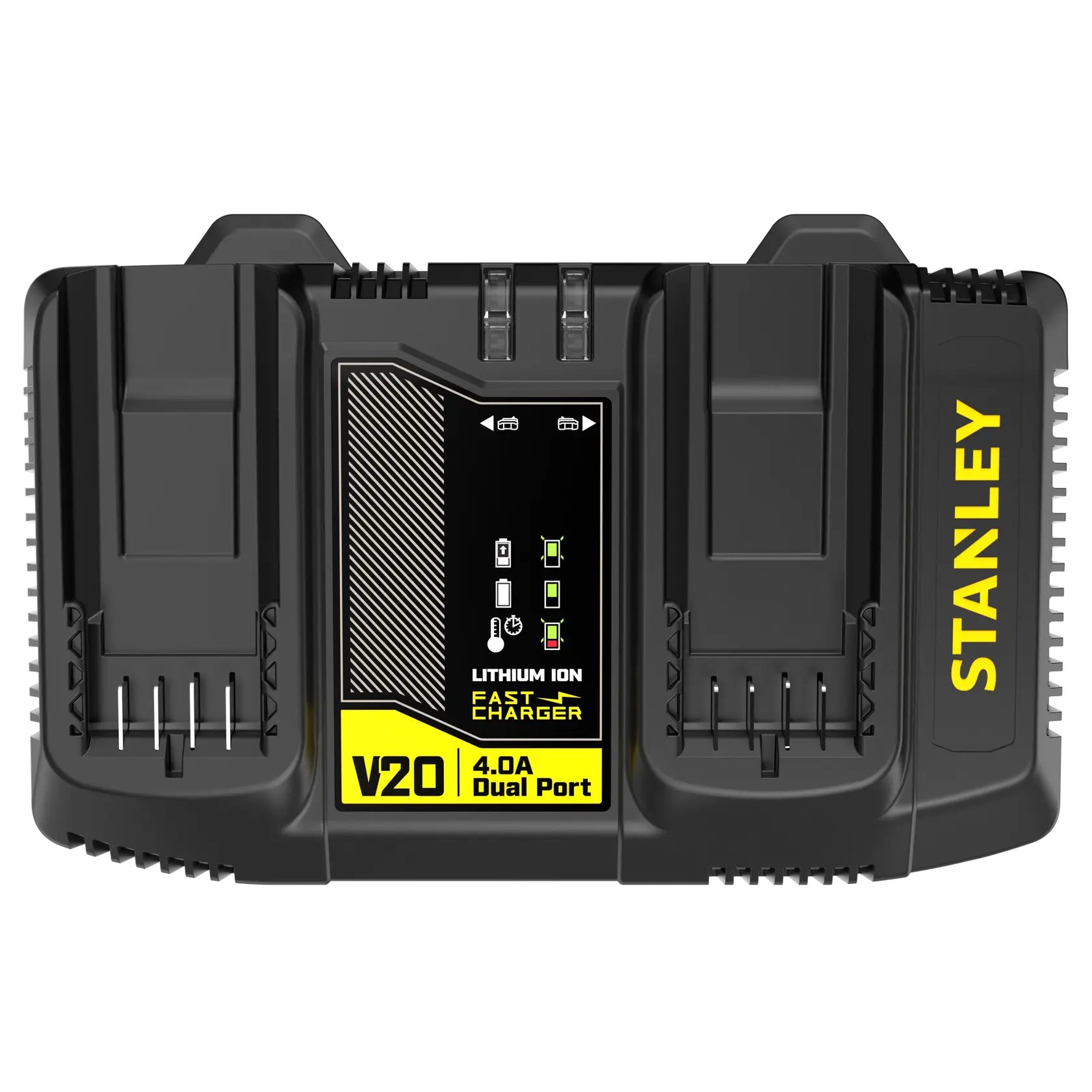 STANLEY SFMCB24 Batterieladegerät, V20 Fatmax 4,0A Doppelanschluss, Frontansicht, schwarz-gelbes Design.