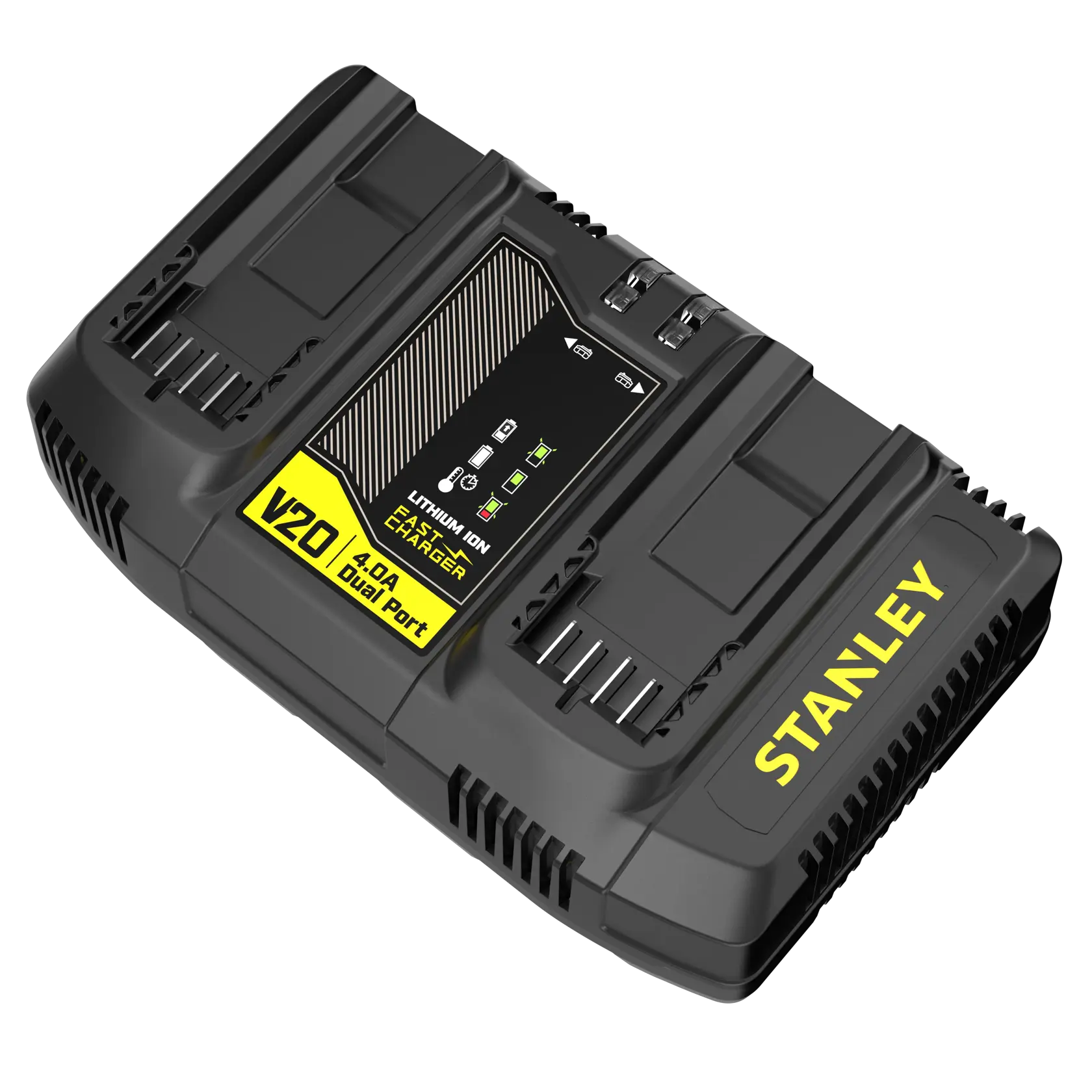 STANLEY SFMCB24 Dual-Port-Akkuladegerät mit zwei schwarz-gelben Akkus, schräge Ansicht auf weißem Hintergrund.