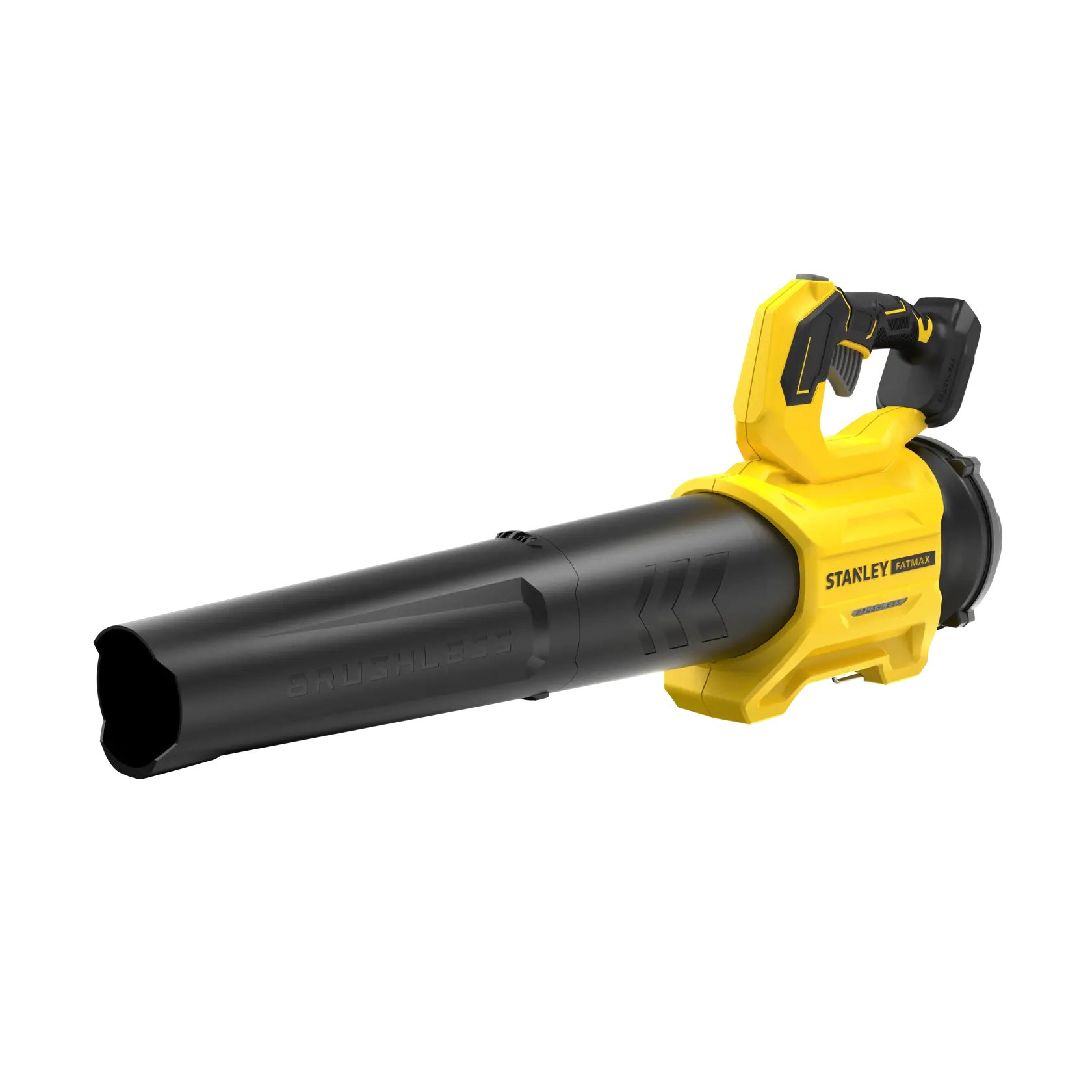 Foto des kabellosen STANLEY SFMCBL730B Laubbläsers, gelb und schwarz, Seitenansicht, auf weißem Hintergrund.