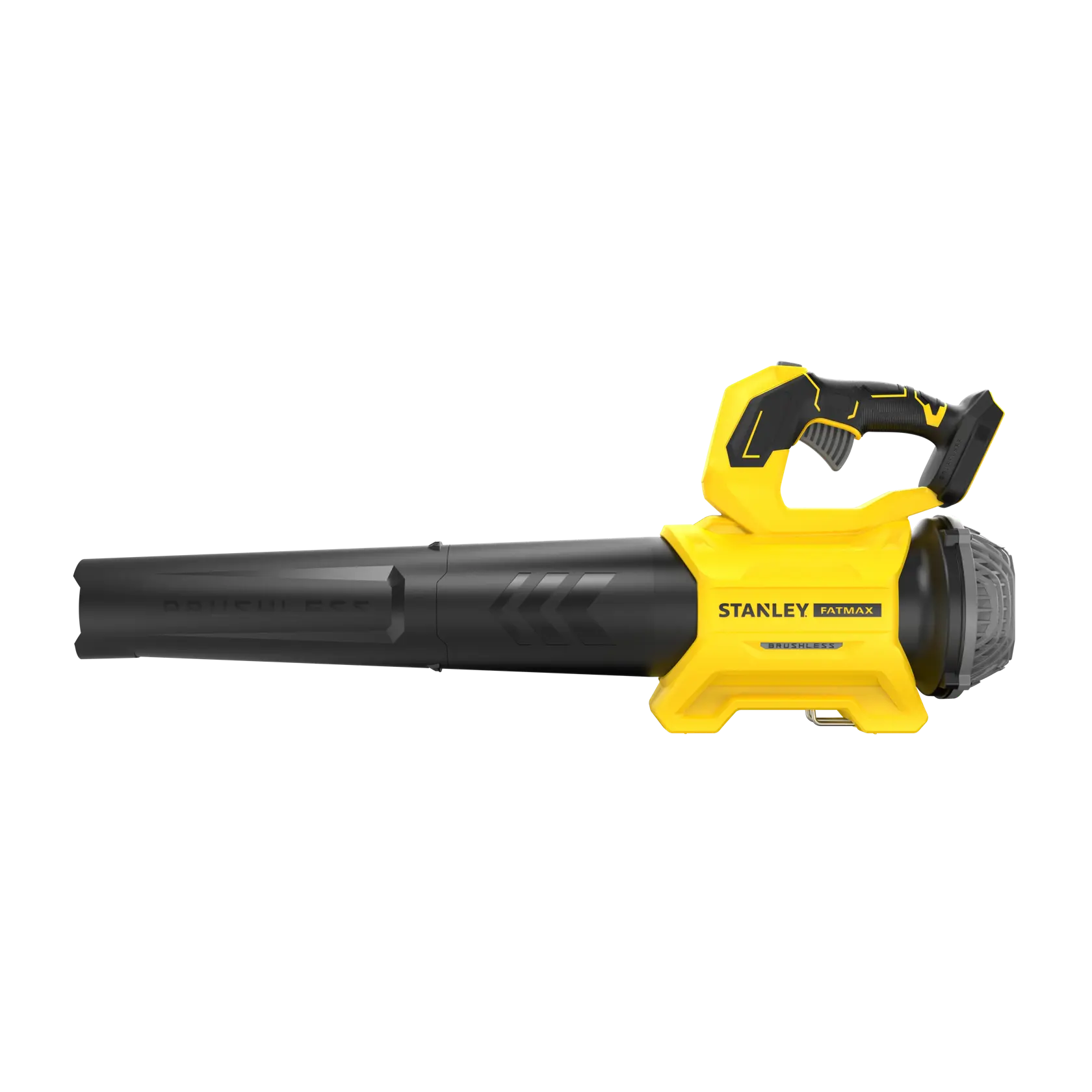 STANLEY SFMCBL730B Laubbläser, gelb und schwarz, Seitenansicht auf weißem Hintergrund.