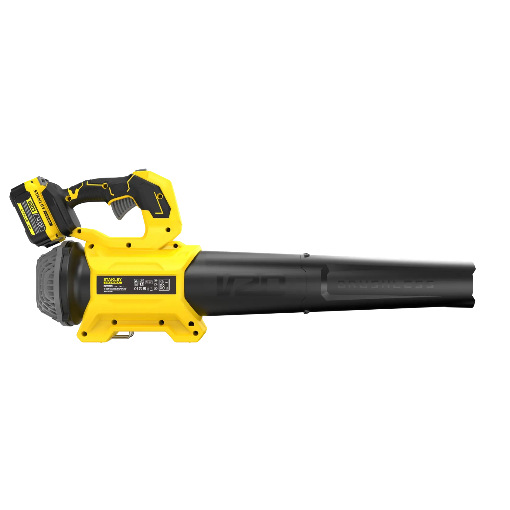 STANLEY SFMCBL730M1 Akku-Laubbläser, Seitenansicht, gelb-schwarzes Design, Fotografie vor weißem Hintergrund.