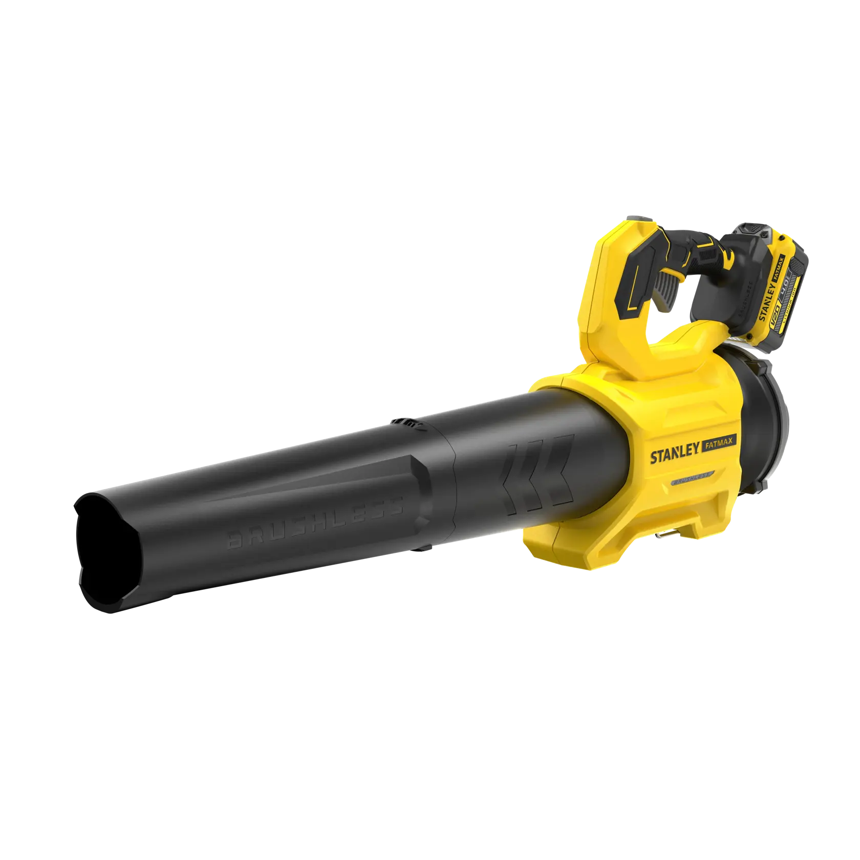 STANLEY SFMCBL730M1 kabelloser Brushless-Laubbläser Seitenansicht auf weißem Hintergrund