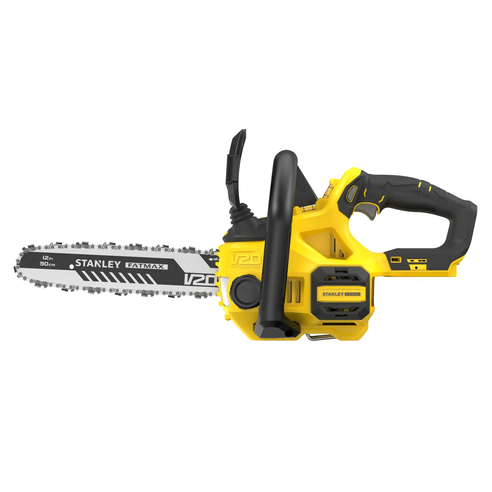 STANLEY SFMCCS630B kabellose Kettensäge, gelb und schwarz, Seitenansicht vor weißem Hintergrund.