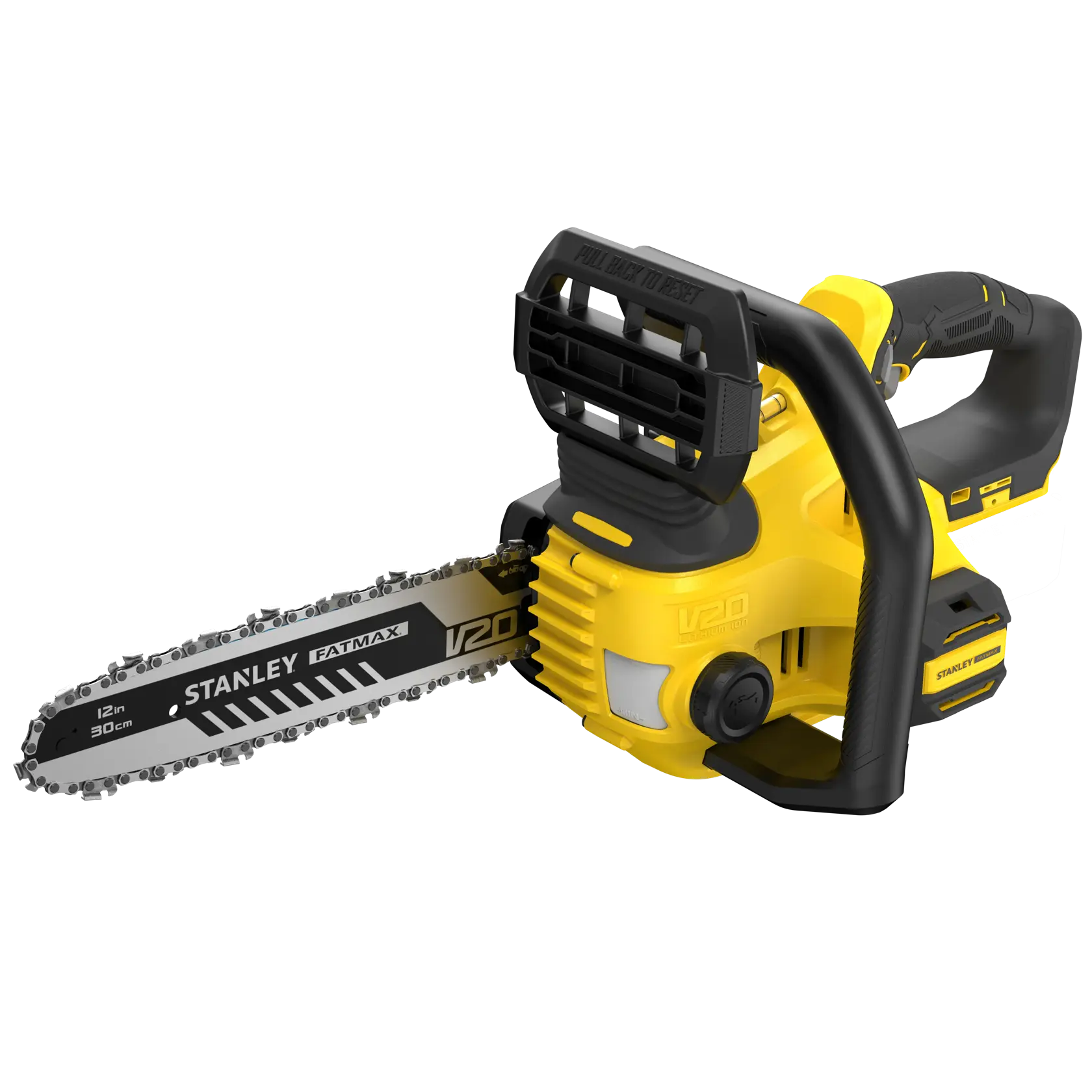 Stanley SFMCCS630B kabellose Kettensäge, gelb und schwarz, Seitenansicht auf weißem Hintergrund.