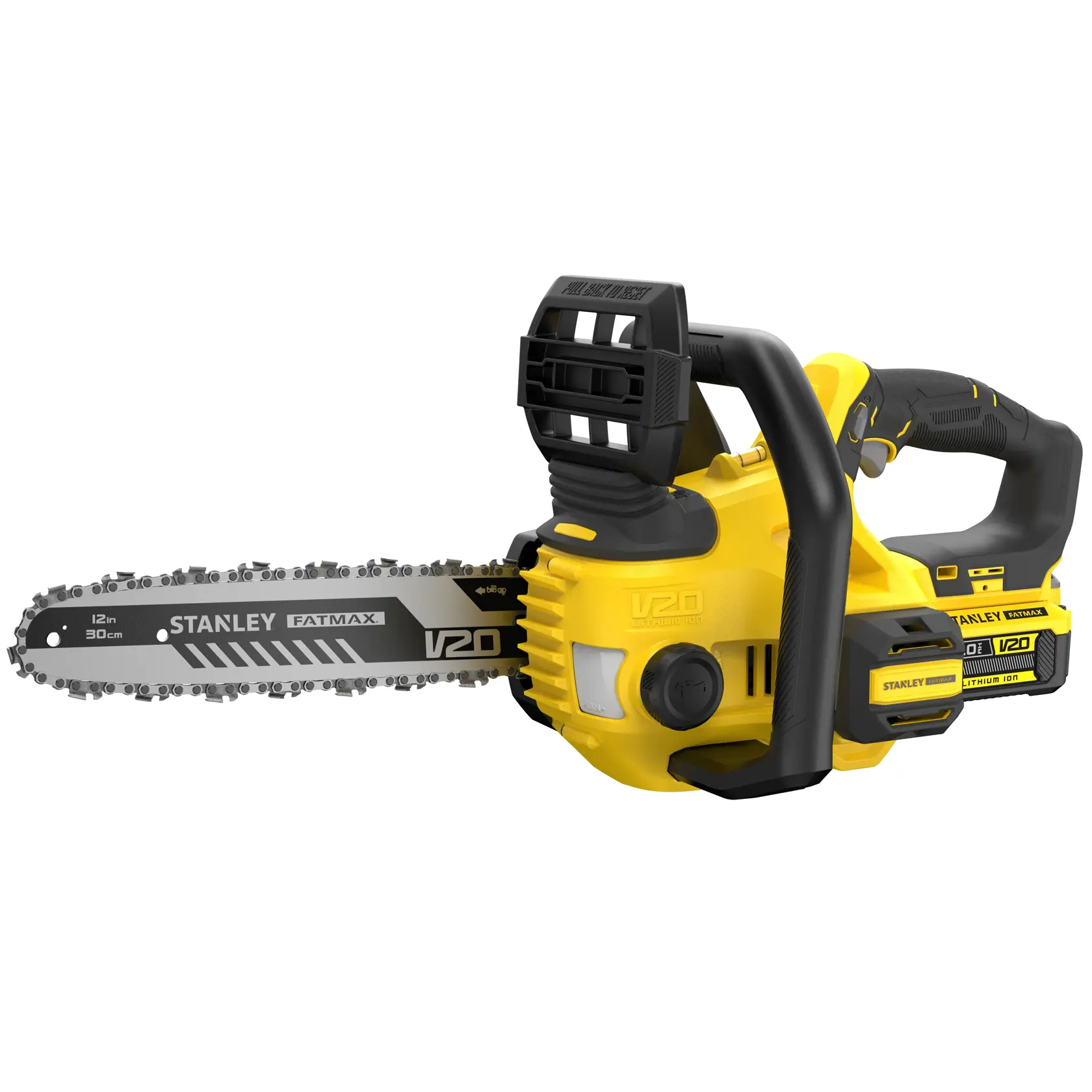 STANLEY SFMCCS630M1 Akku-Kettensäge, gelb und schwarz, Seitenansicht, 12-Zoll-Schwert, V20 Lithium-Ionen-Akku.