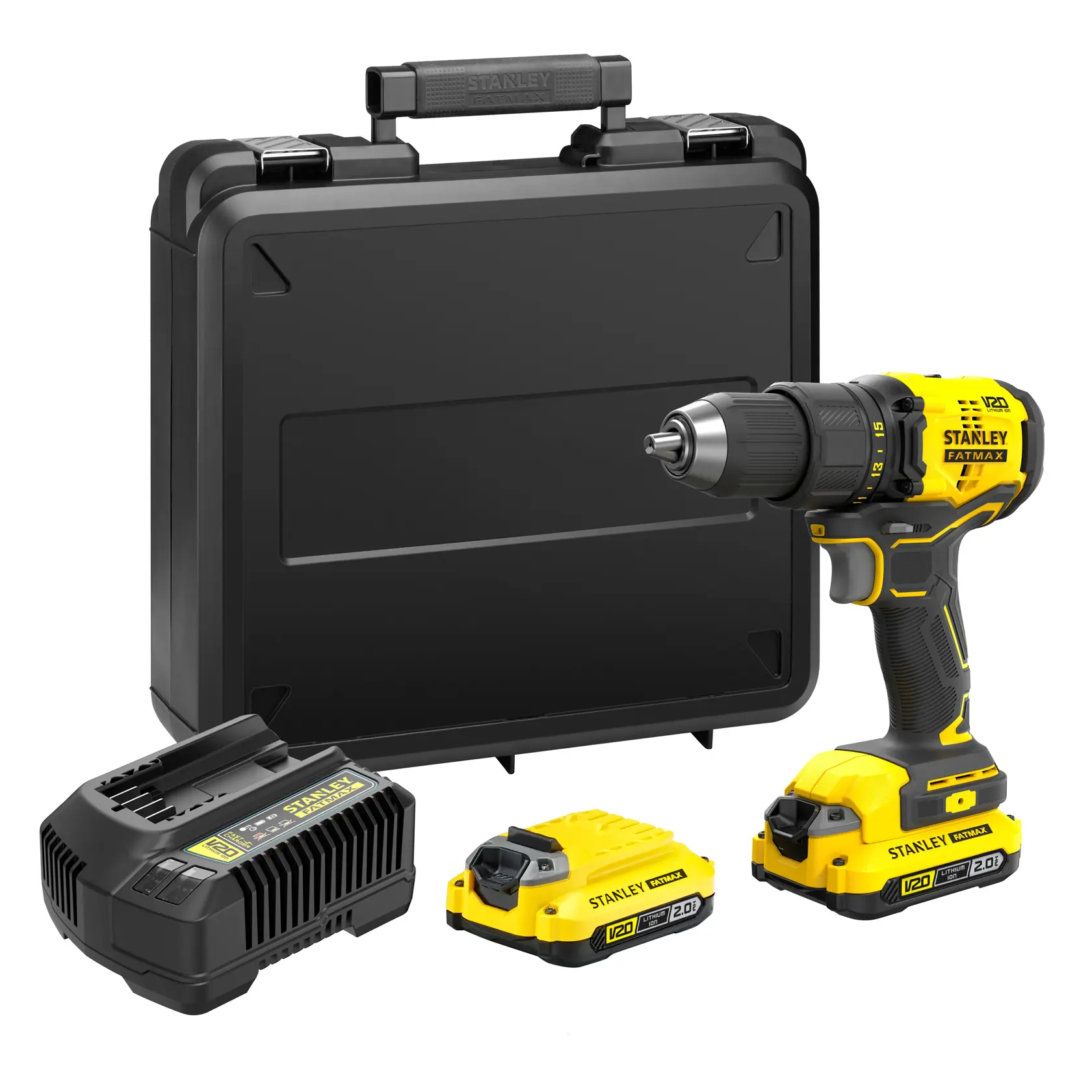 Stanley Akku-Bohrset mit Koffer, Ladegerät und zwei Batterien, ideal für vielseitige Bohrarbeiten.