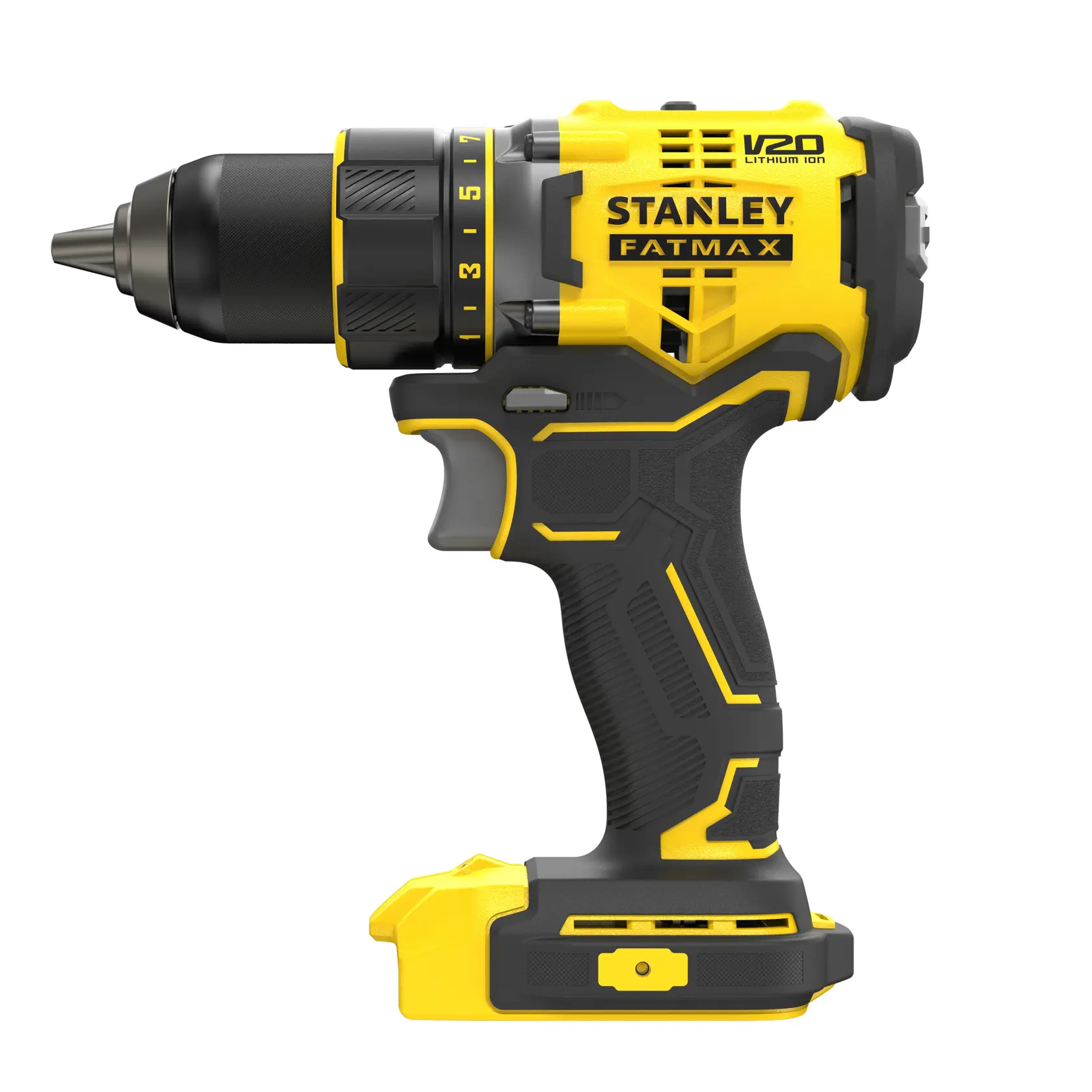 STANLEY SFMCD720B Akku-Bohrmaschine in Gelb und Schwarz, Seitenansicht auf weißem Hintergrund.