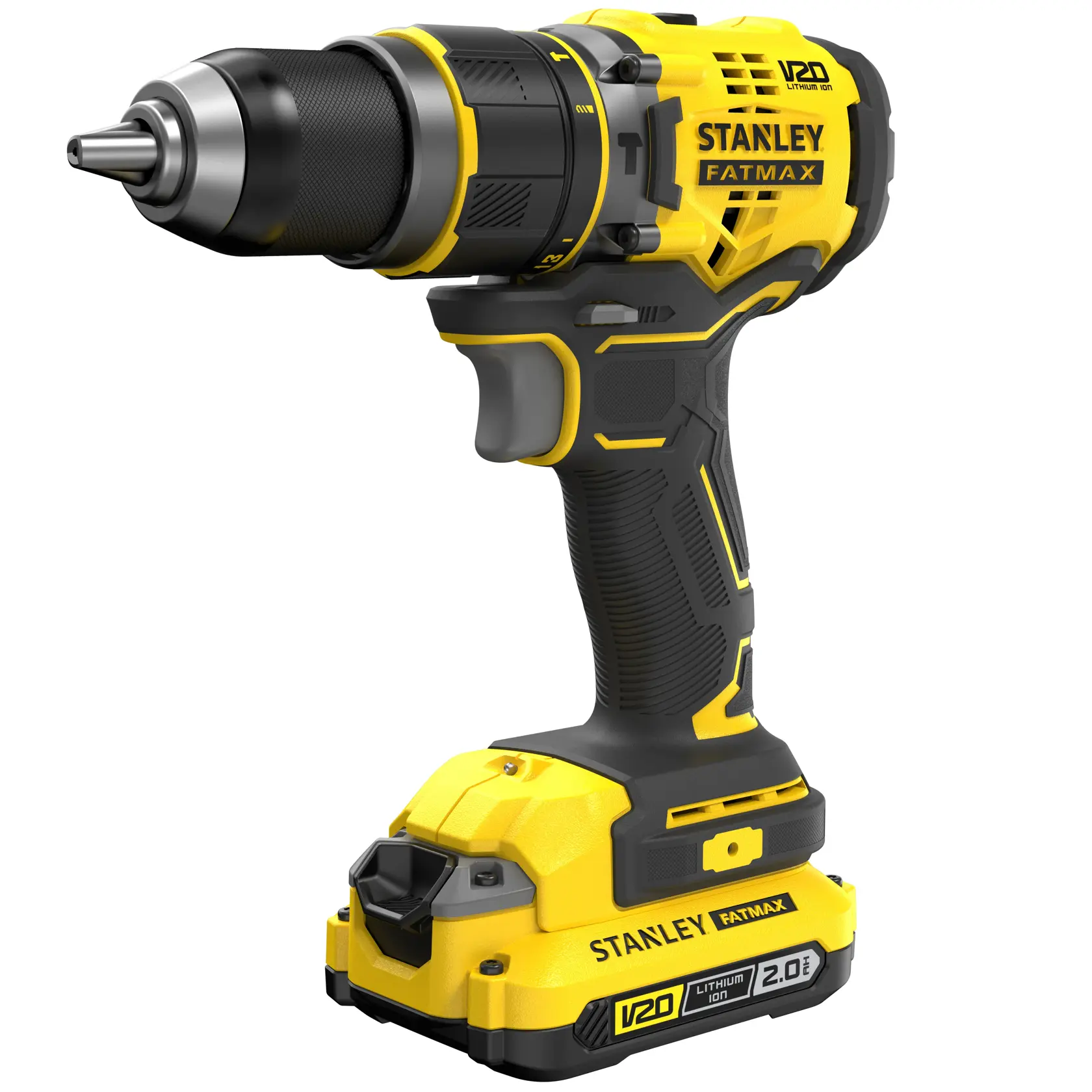 STANLEY SFMCD721D2K Akku-Bohrmaschine, gelb und schwarz, rechte Seitenansicht, V20 Lithium Ion, 2,0 Ah Akku.