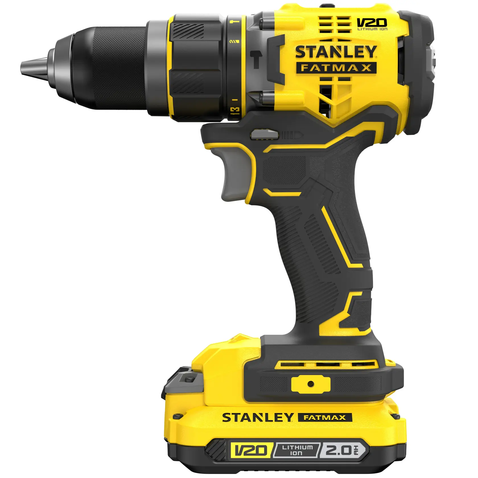 Foto des kabellosen Bohrers STANLEY SFMCD721D2K, gelb und schwarz, Seitenansicht, mit Fatmax-Logo.