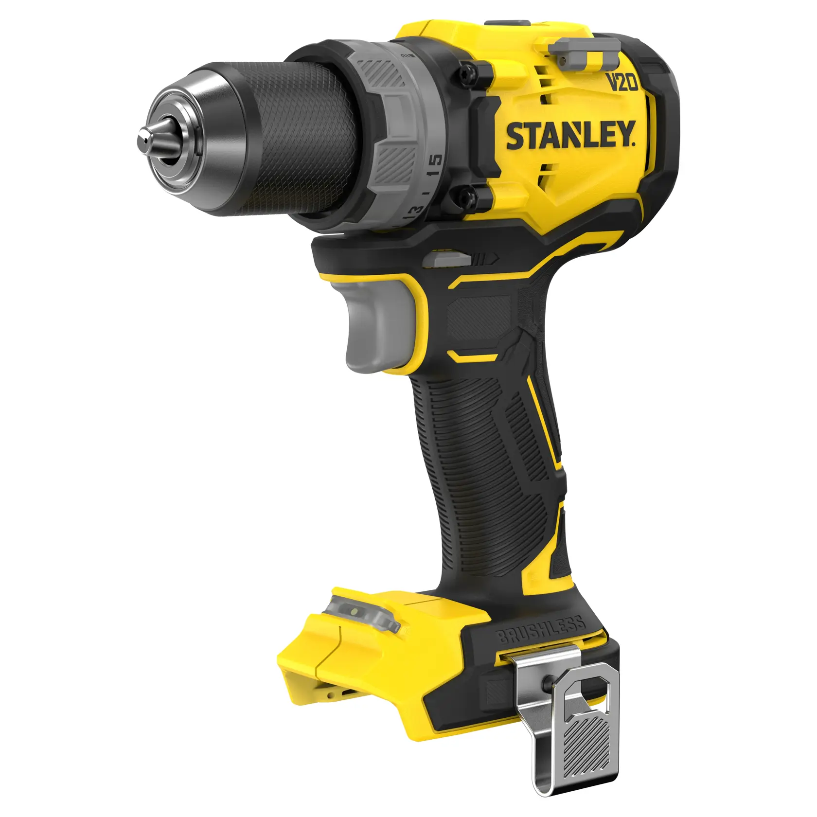 Foto des STANLEY SFMCD725B Akku-Bohrers, gelb und schwarz, Seitenansicht auf weißem Hintergrund.