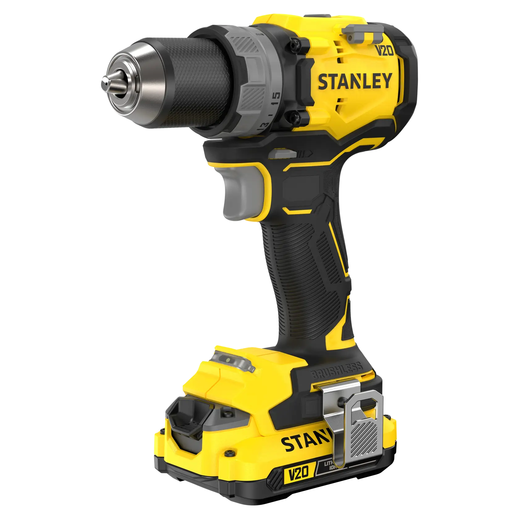 STANLEY SFMCD725D2K Akku-Bohrmaschine, V20, gelb und schwarz, Seitenansicht, bürstenloser Motor sichtbar.