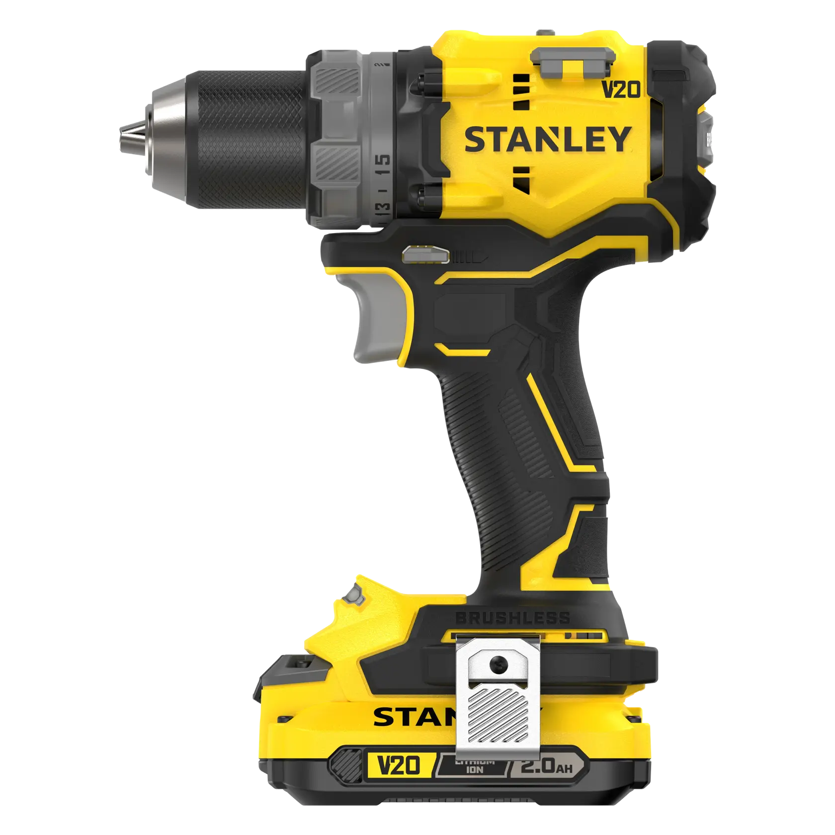 STANLEY SFMCD725D2K Akku-Bohrschrauber Seitenansicht auf Weiß, gelb-schwarzes Design, V20 2,0Ah Akku.