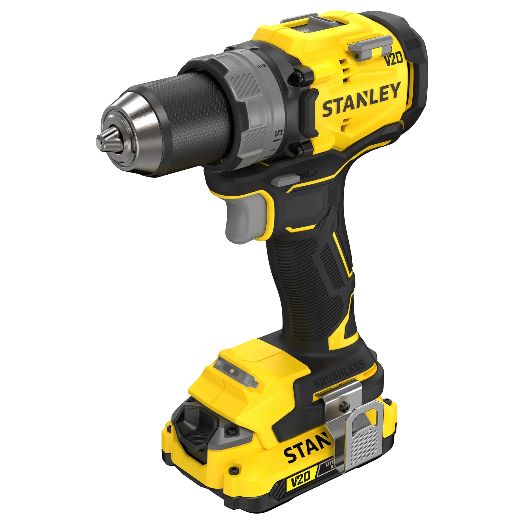 Stanley SFMCD725D2K Akkubohrmaschine, gelb und schwarz, rechte Seitenansicht, robuster Griff, Brushless-Motor.
