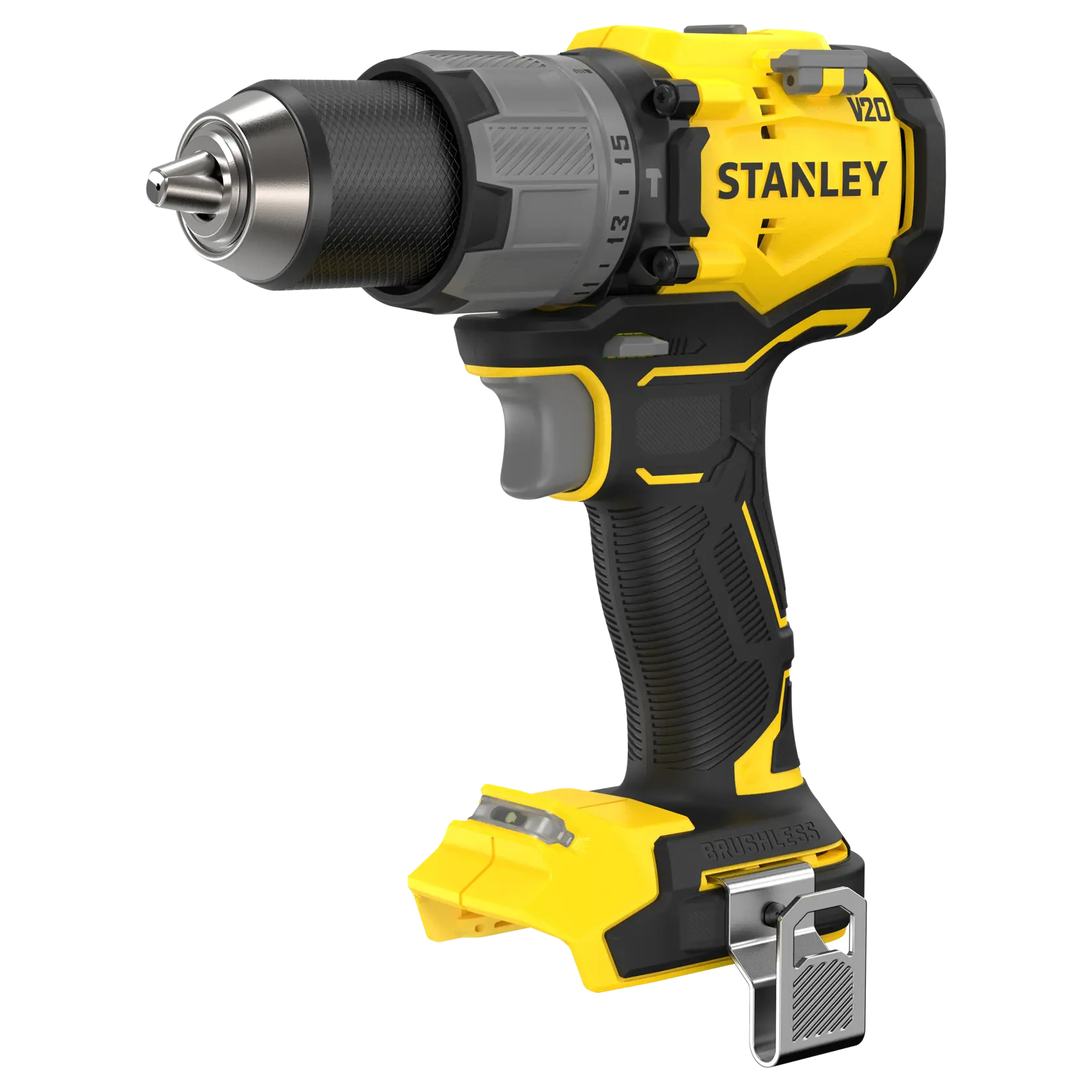 STANLEY SFMCD726B Akku-Bohrmaschine, bürstenlos, gelb und schwarz, Seitenansicht vor weißem Hintergrund.