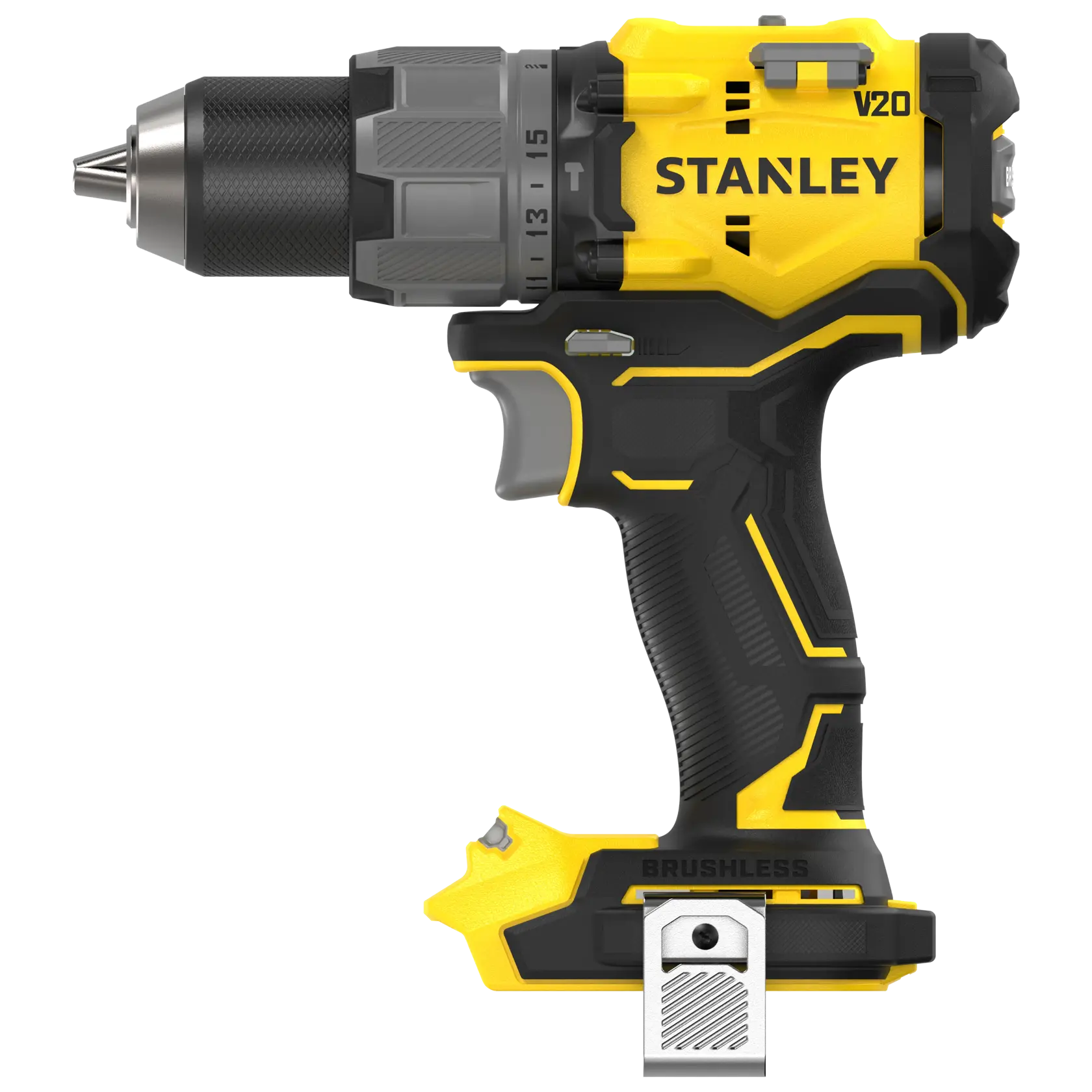STANLEY SFMCD726B Akku-Bohrschrauber, gelb und schwarz, Seitenansicht auf weißem Hintergrund, kompaktes Design.