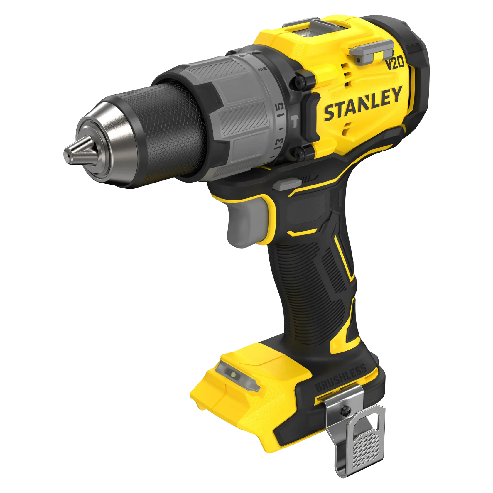 STANLEY SFMCD726B Akku-Bohrmaschine mit bürstenlosem Motor, gelb und schwarz, schräge Vorderansicht auf weißem Hintergrund.