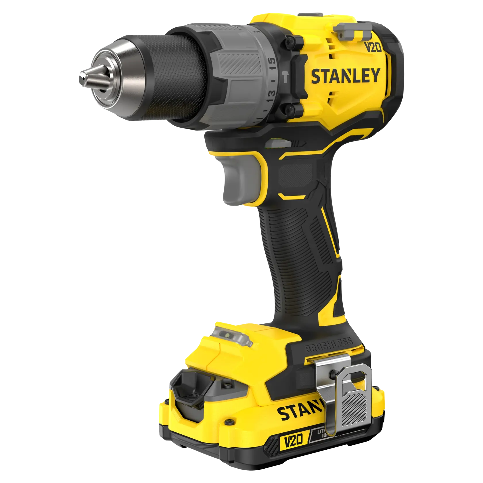STANLEY SFMCD726D2K Akku-Bohrmaschine, gelb und schwarz, Seitenansicht, kompaktes Design mit Akku.