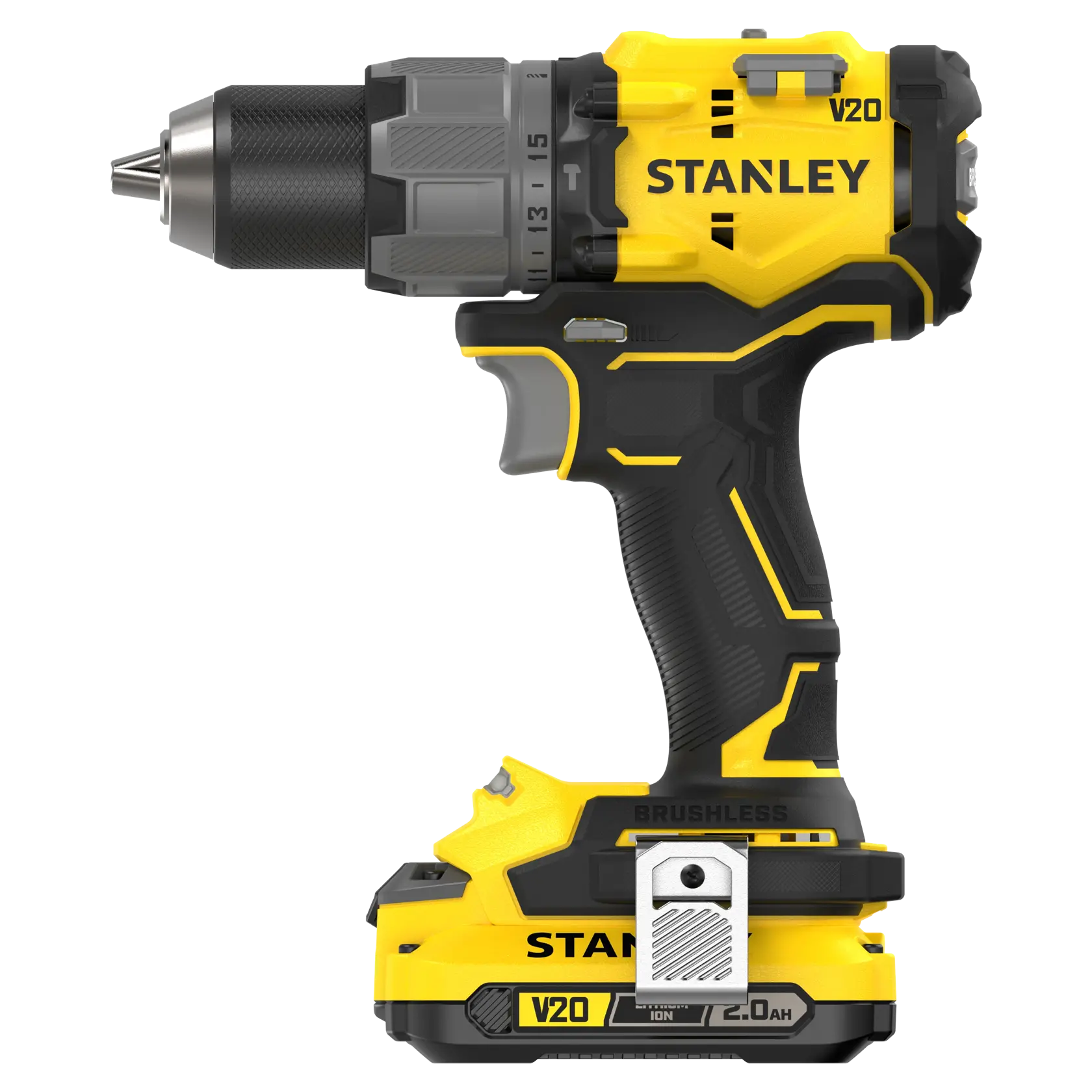 STANLEY SFMCD726D2K Akku-Bohrmaschine, gelb-schwarz, Seitenansicht, V20 FatMax-Serie, bürstenloser Motor.