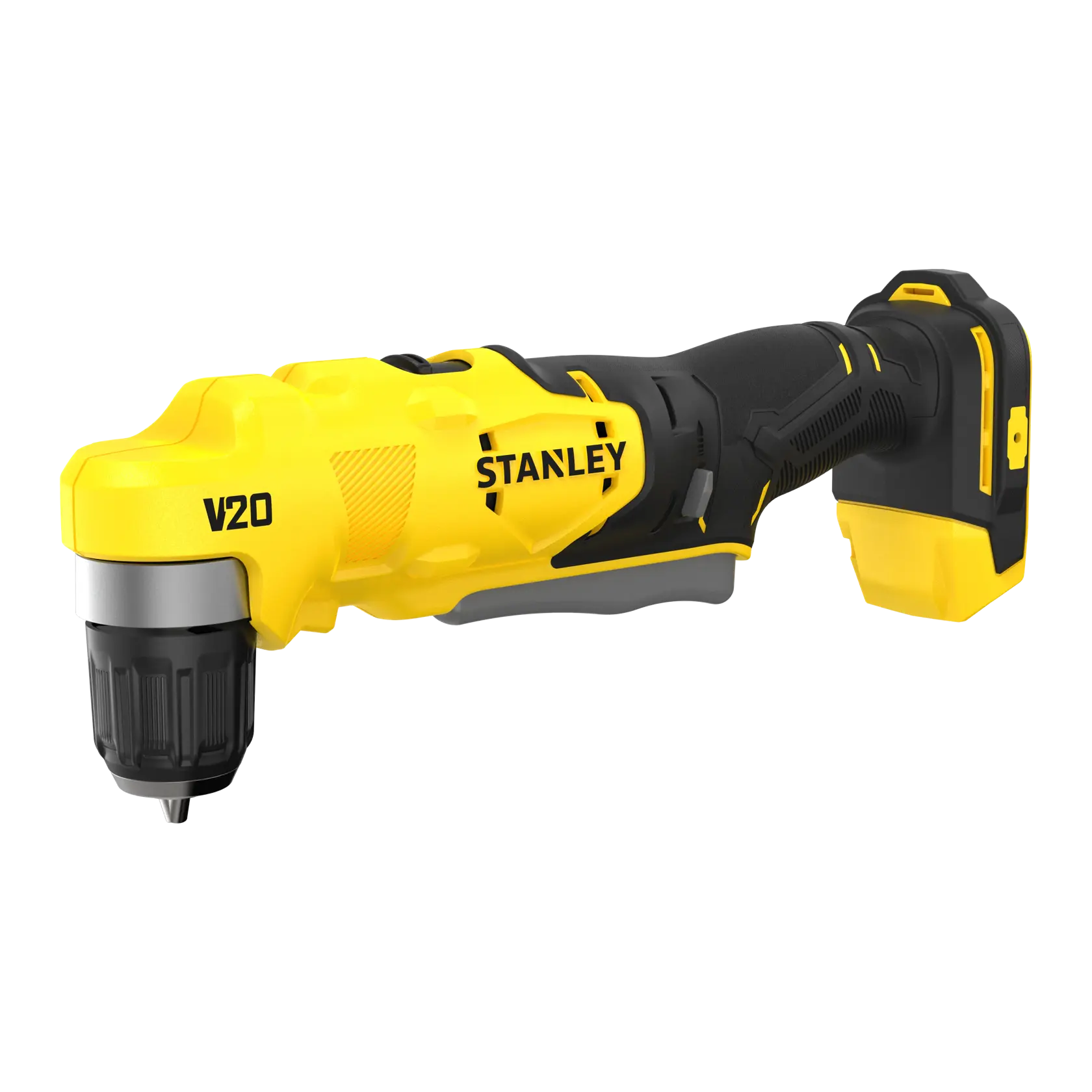 STANLEY SFMCD750B Akku-Winkelschrauber, gelb und schwarz, Seitenansicht, V20 Lithium Ion.