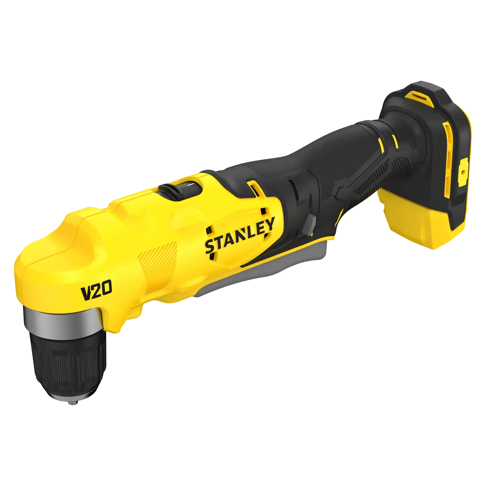 STANLEY SFMCD750B kabellose Winkeldrehmaschine, gelb und schwarz, Seitenansicht vor weißem Hintergrund.