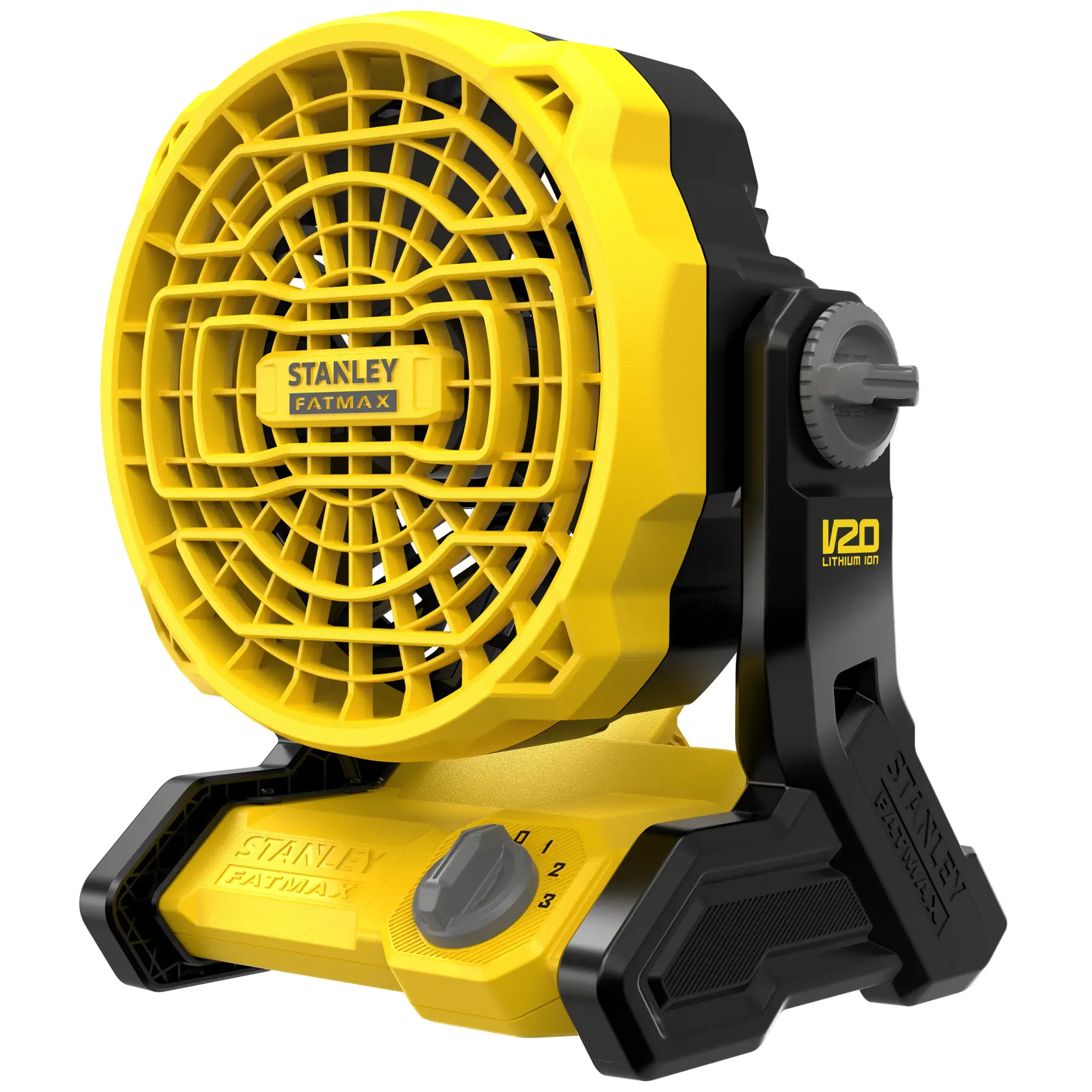 STANLEY SFMCE001B tragbarer gelb-schwarzer V20 Lithium-Ionen-Akkulüfter, Vorderansicht auf weißem Hintergrund.