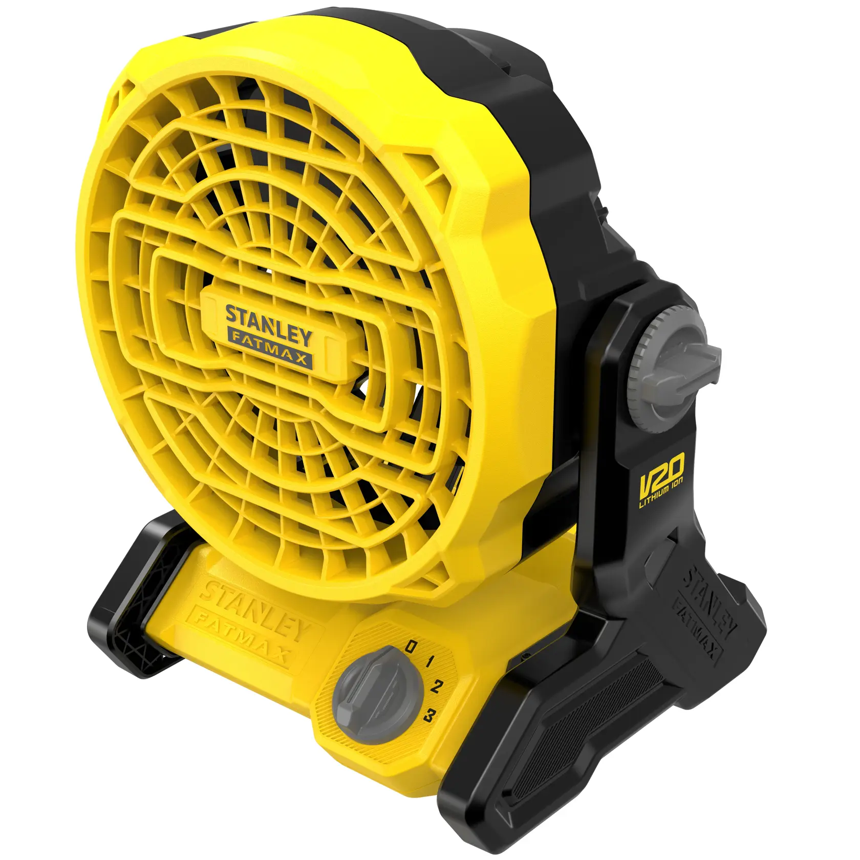 STANLEY SFMCE001B tragbarer gelb-schwarzer Akku-Ventilator, Frontansicht auf weißem Hintergrund.