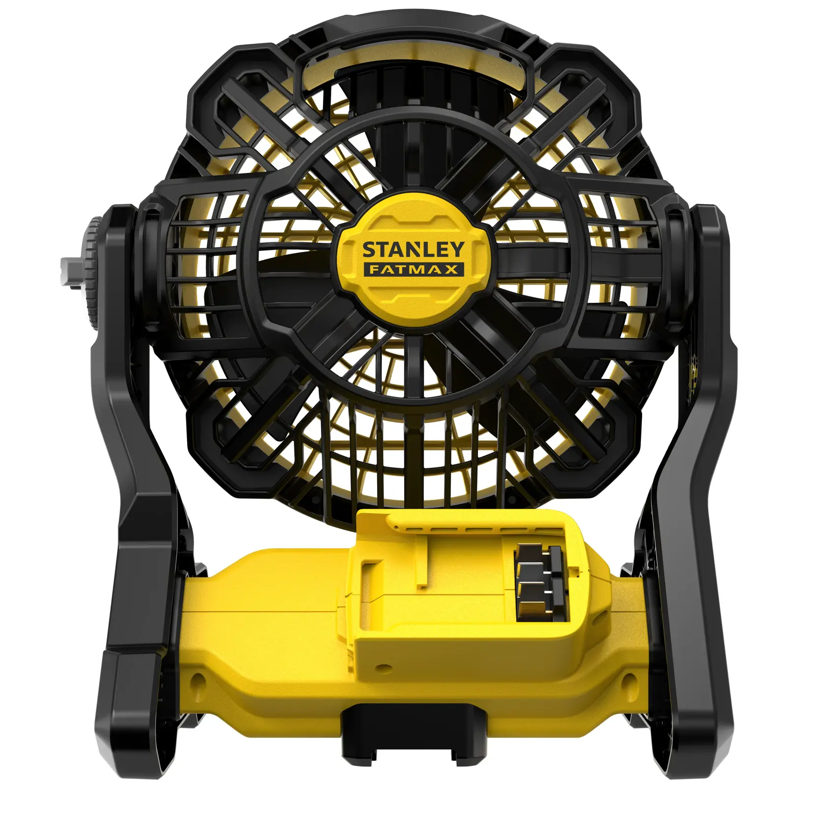 STANLEY SFMCE001B kabelloser gelb-schwarzer Baustellenventilator, Frontansicht auf weißem Hintergrund.