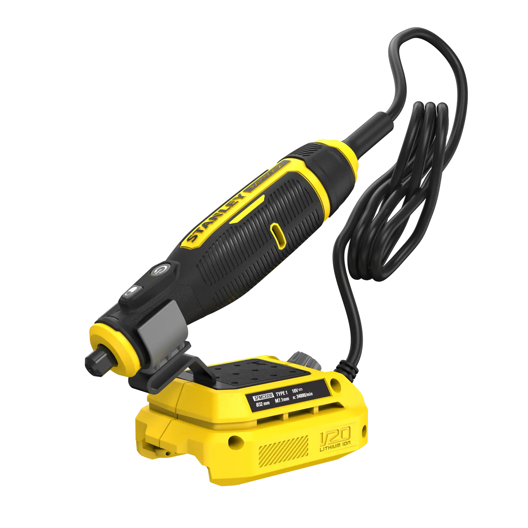 STANLEY SFMCE030B Rotationswerkzeug mit Kabel, gelb und schwarz, Vorderansicht auf weißem Hintergrund.