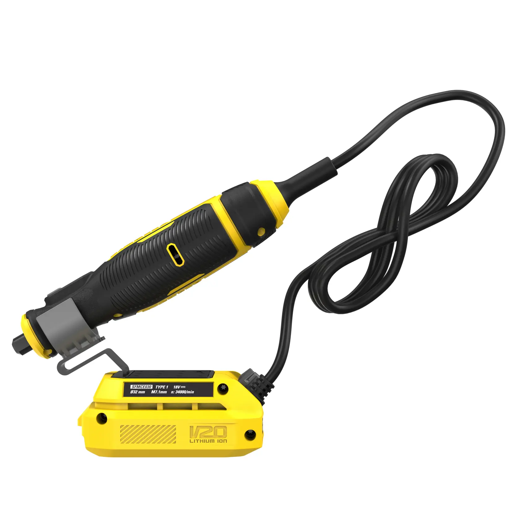 STANLEY SFMCE030B Drehwerkzeug mit schwarzem und gelbem Gehäuse, Seitenansicht mit angeschlossenem V20 Lithium-Ionen-Akku.